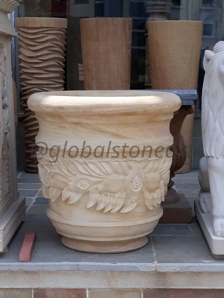 Floral-Band Sandstone Round Pot for Garden