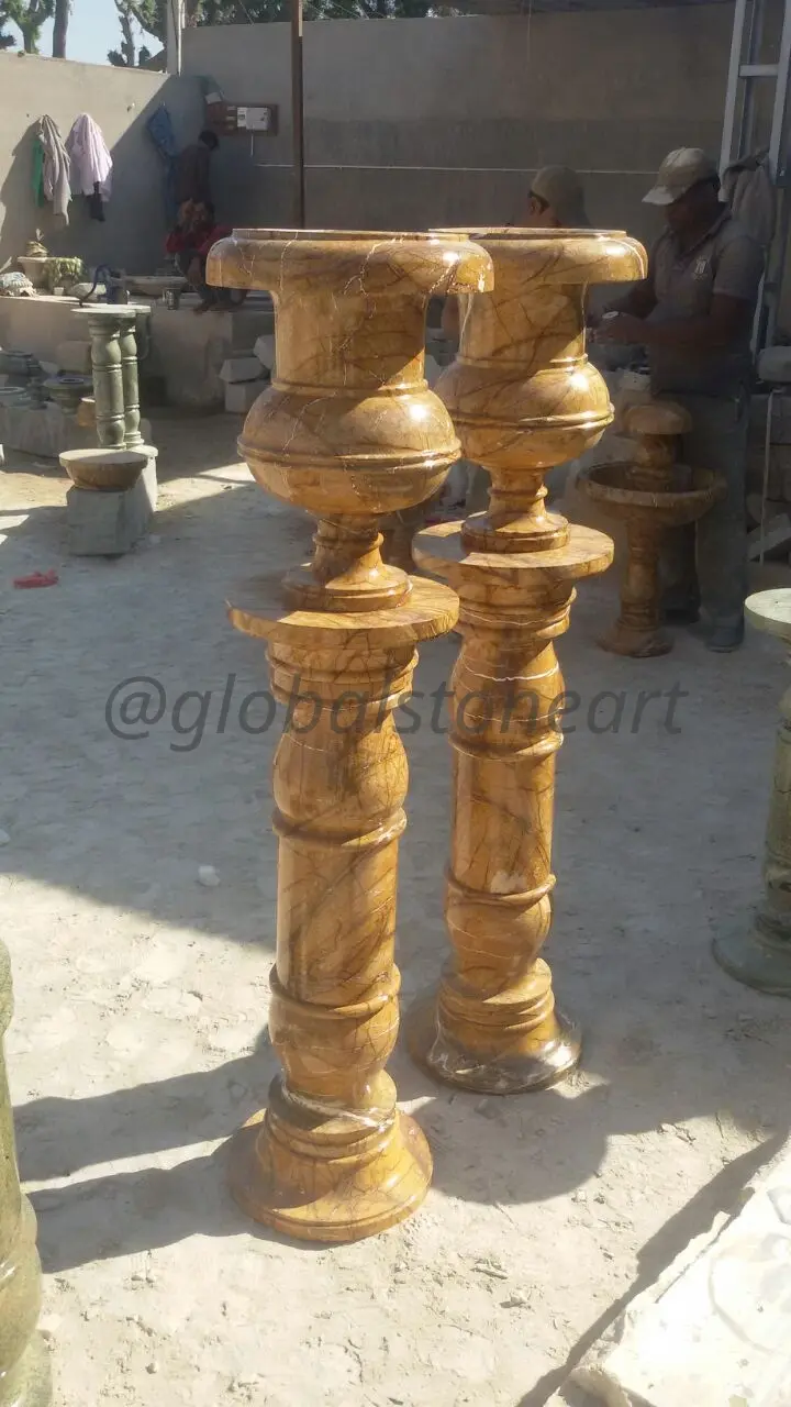 Rainbow Sandstone Urns on Turned Columns (Pair)
