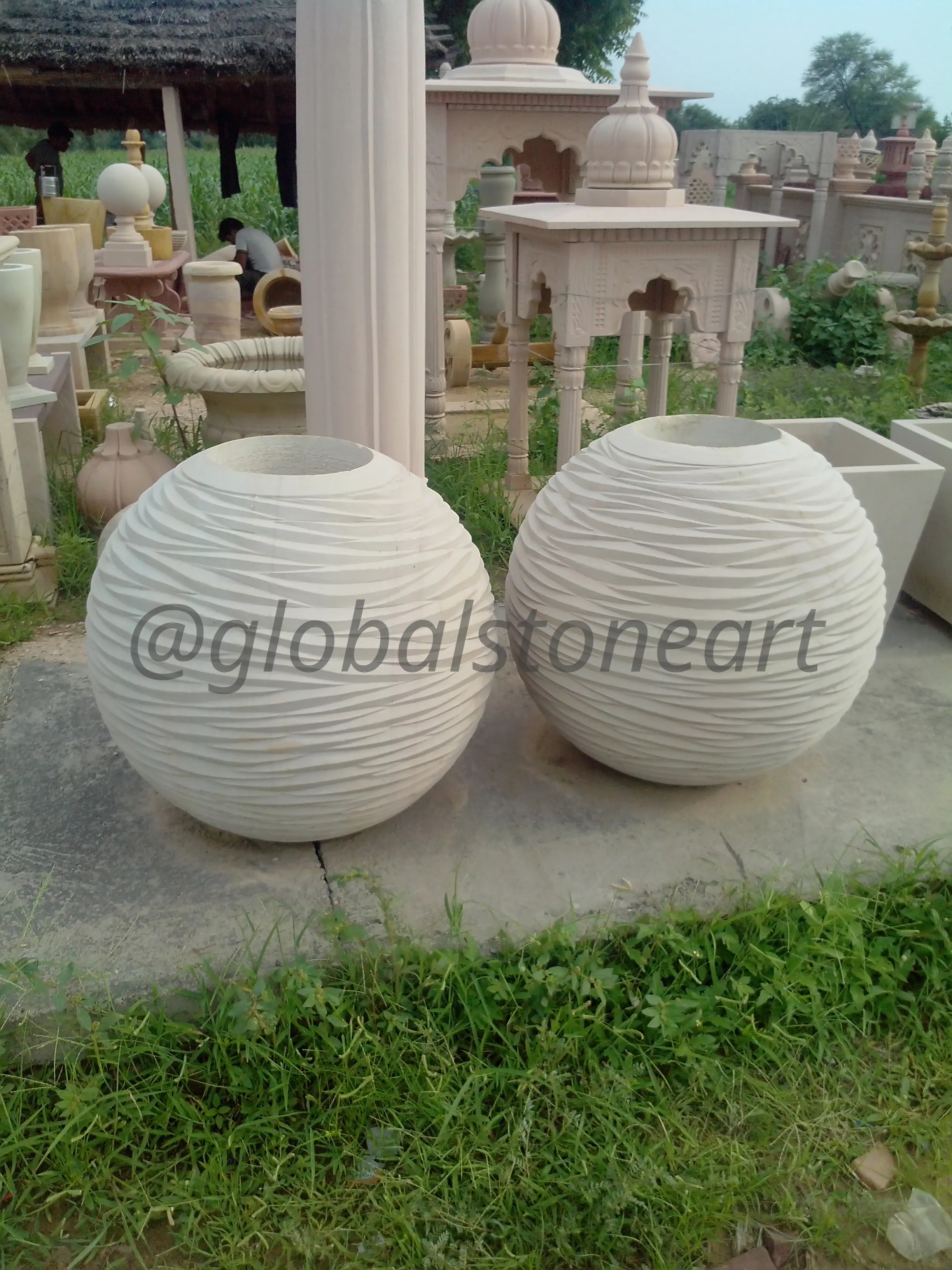 Carved Sandstone Sphere Globe Planters (Pair)