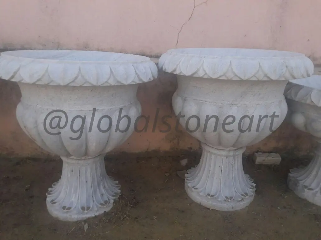 Petal-Rim White Marble Goblet Planters (Pair)