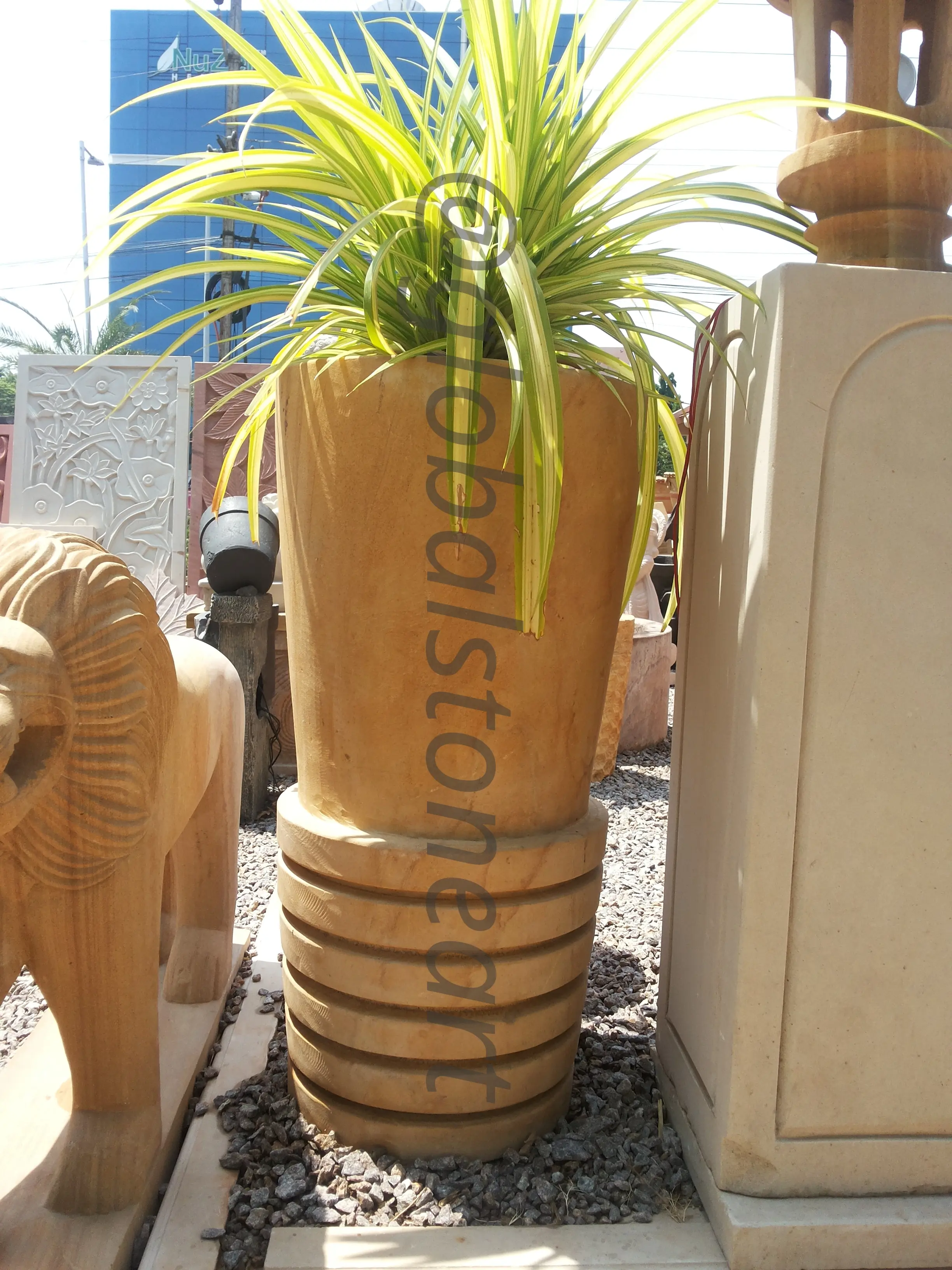 Ringed Sandstone Tall Cylinder Planter for Plants