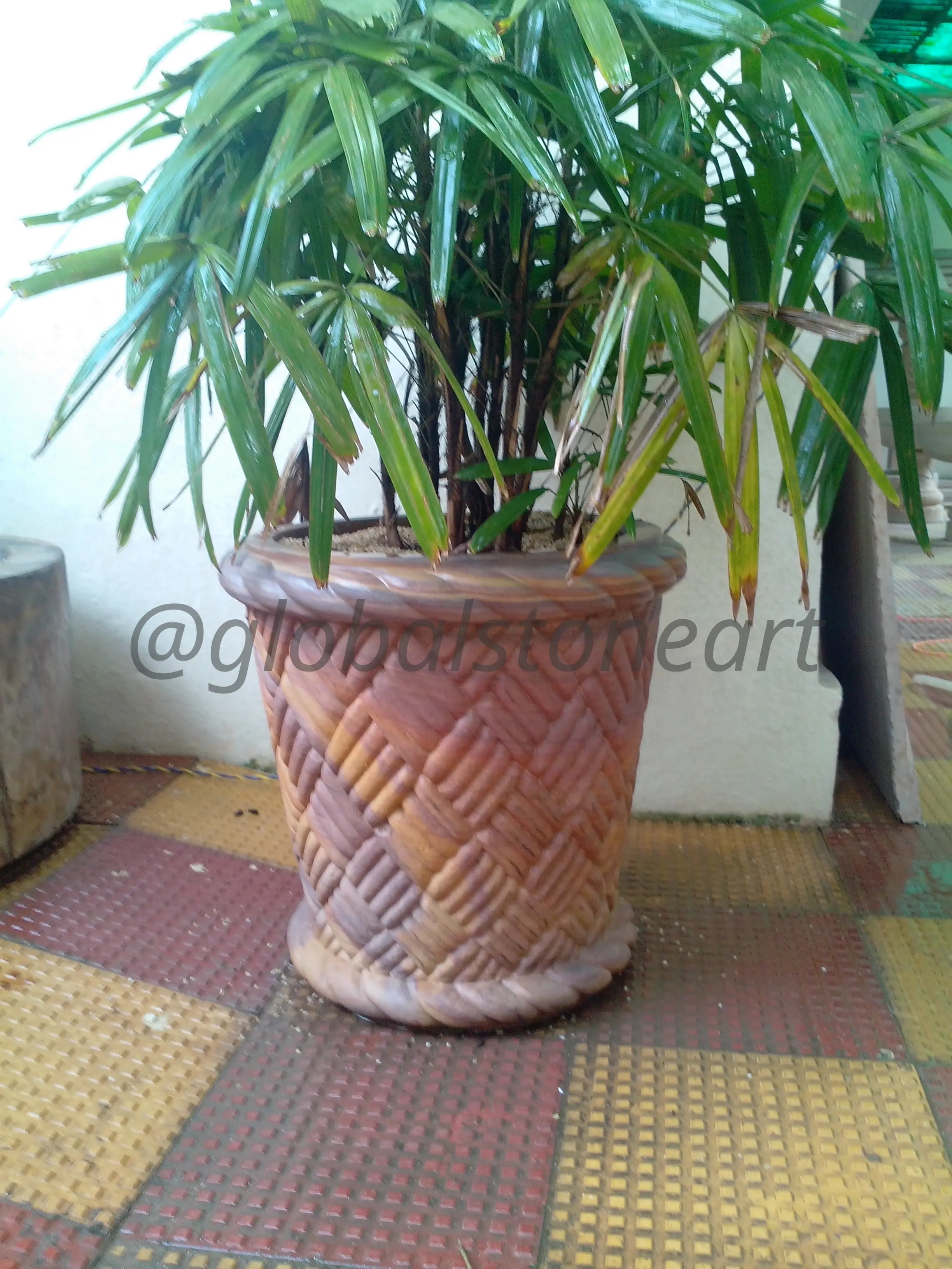Basket-Weave Carved Sandstone Pot for Garden