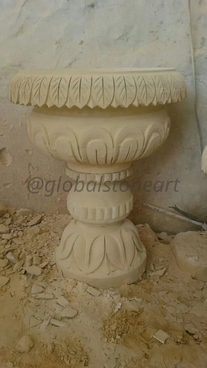 Leaf-Carved Cream Sandstone Goblet Planter