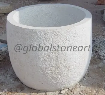 Rough-Textured White Sandstone Round Pot