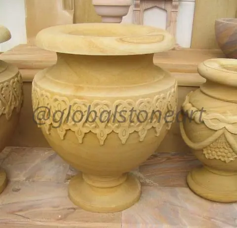 Garland-Carved Sandstone Belly Pot for Garden