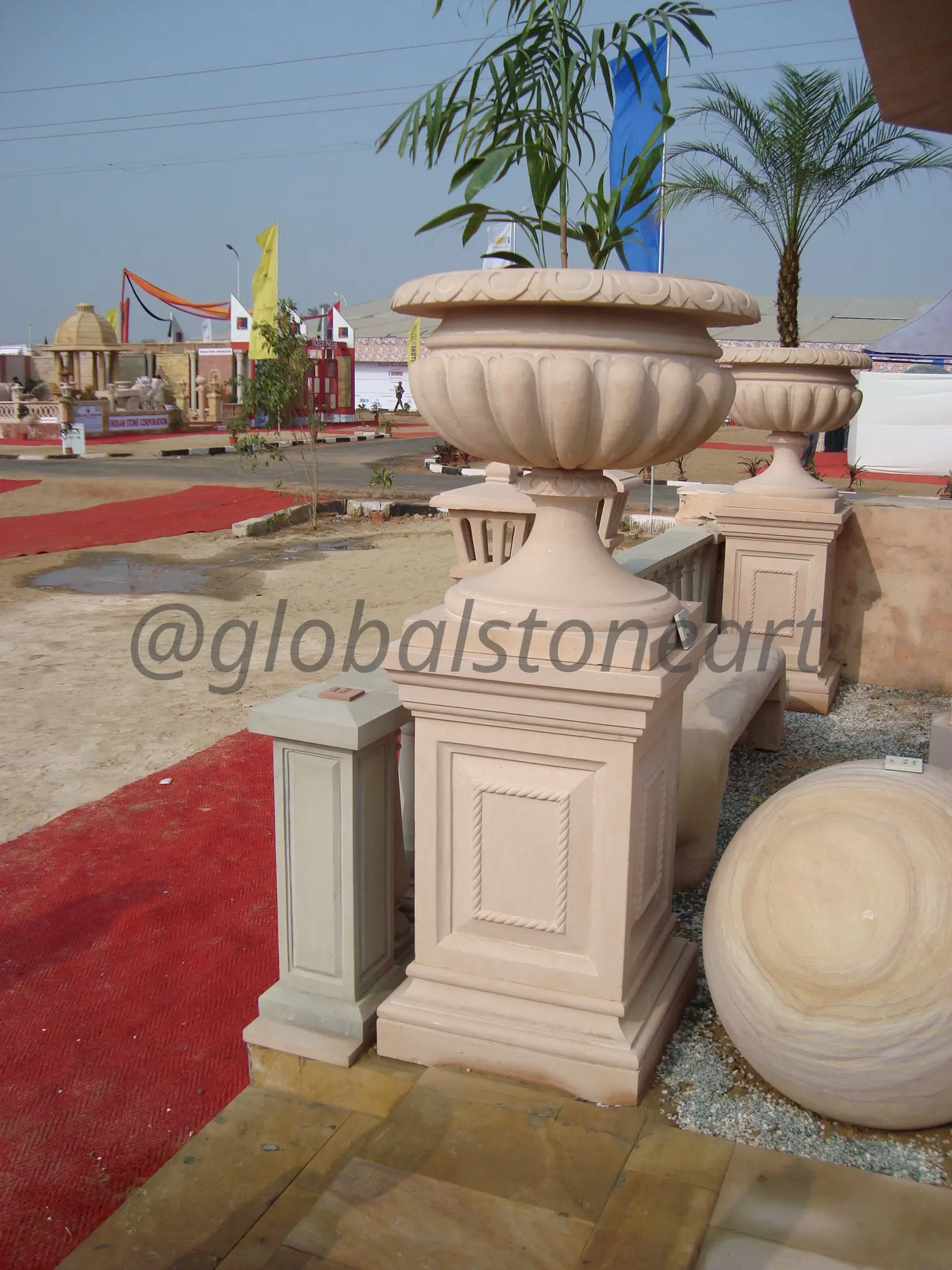 Lobed Sandstone Urn on Panelled Pedestal