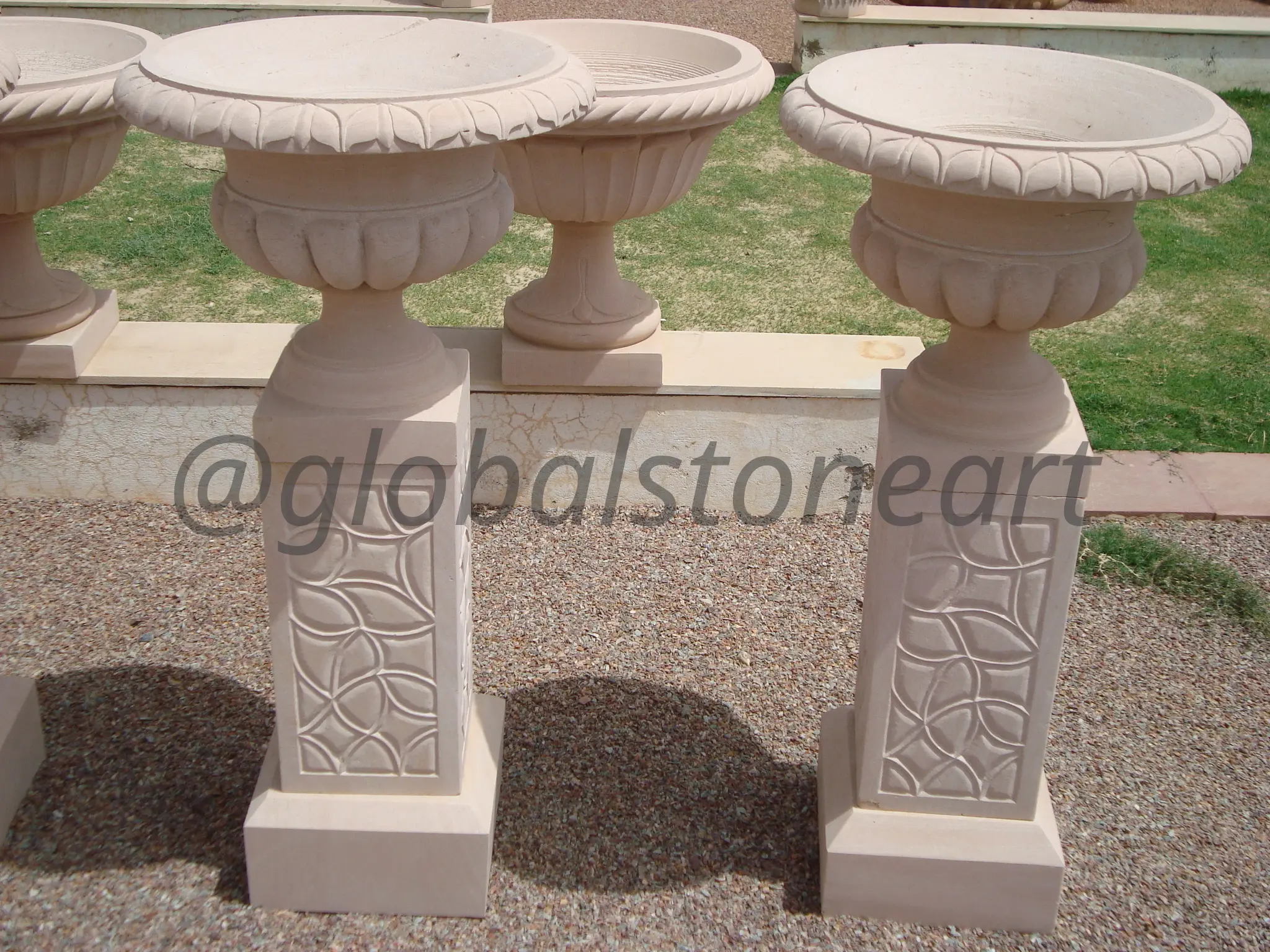 Lobed Sandstone Bowl Urns on Carved Pedestals