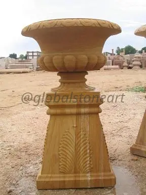 Leaf-Rim Sandstone Urn on Tapered Pedestal