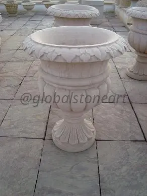 Leaf-Crown White Marble Campana Urn Planter