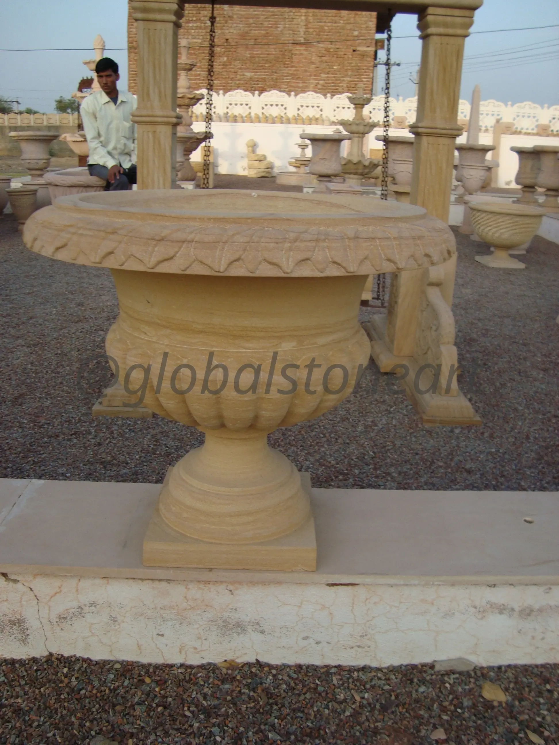Leaf-Rim Sandstone Campana Urn on Square Base