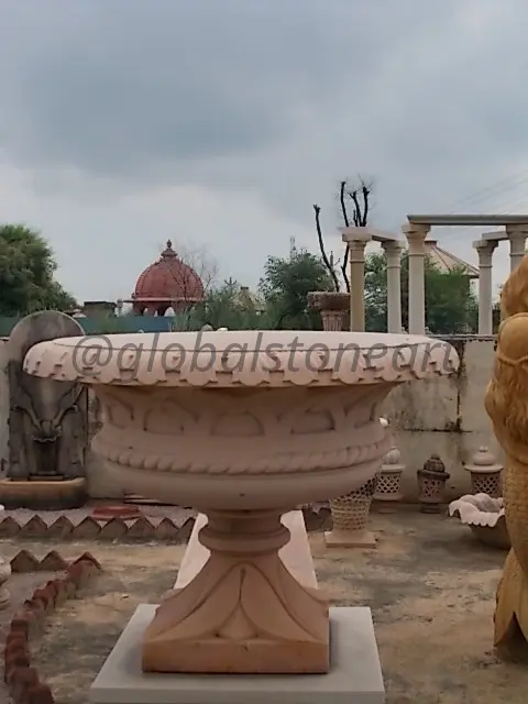 Rope-Rim Sandstone Bowl Urn on Carved Pedestal