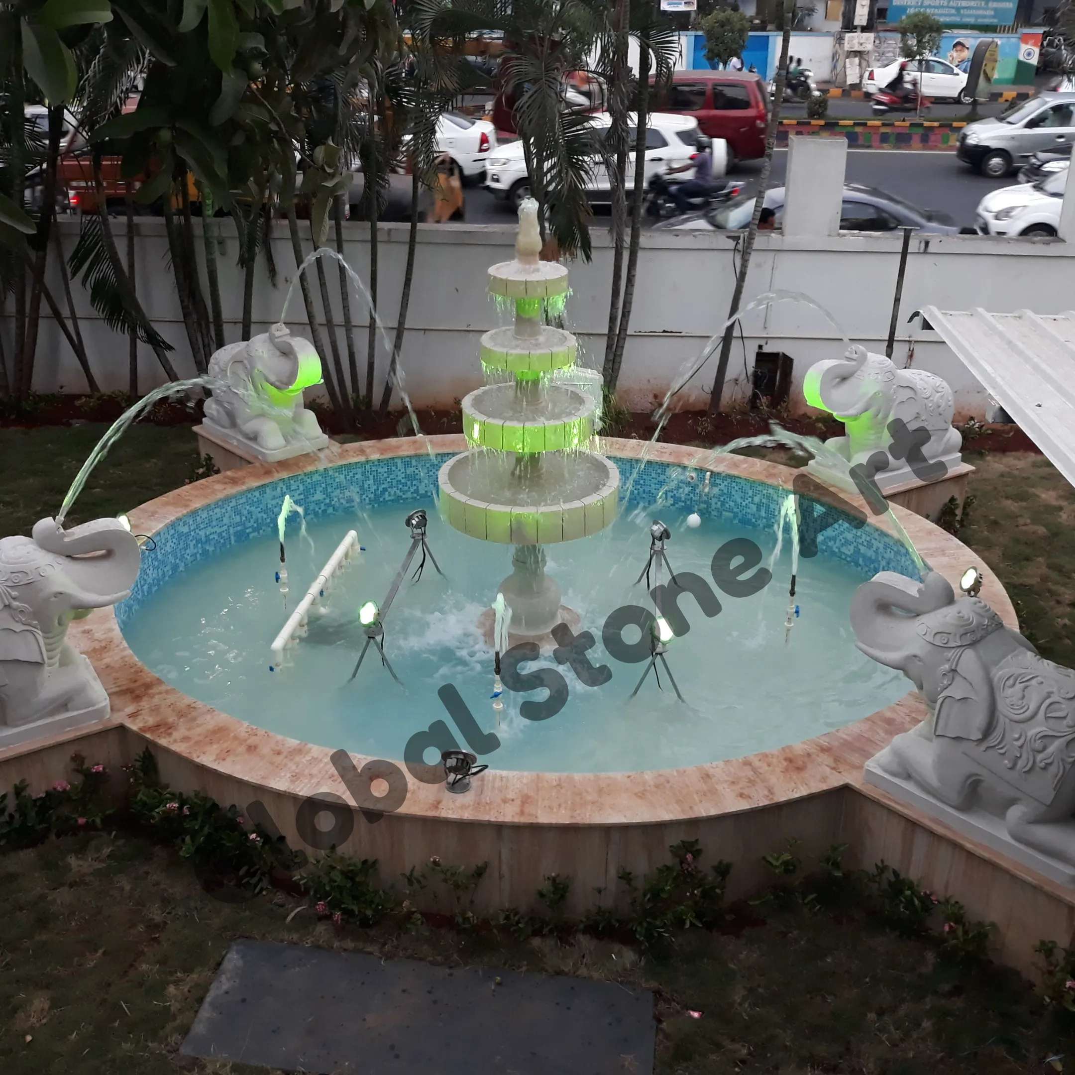Grand 4-Tier White Marble Garden Fountain with Elephant Statues