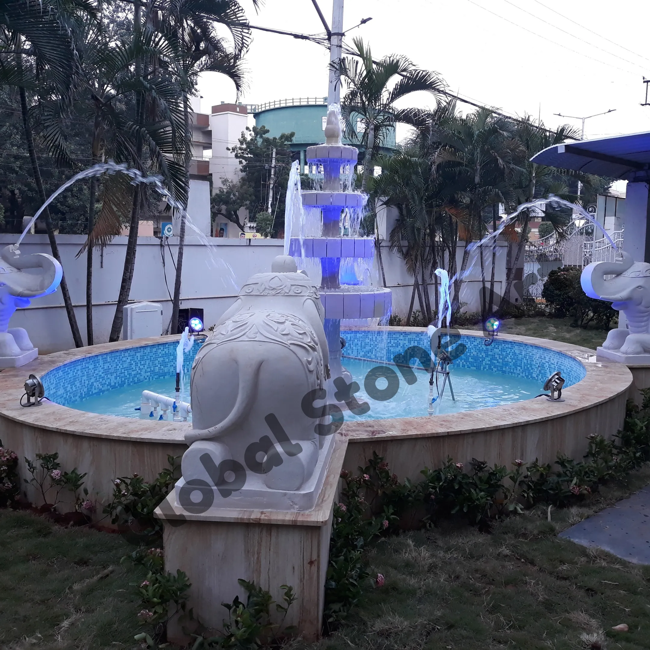 White Marble Tiered Fountain with Carved Nandi and LED Jets