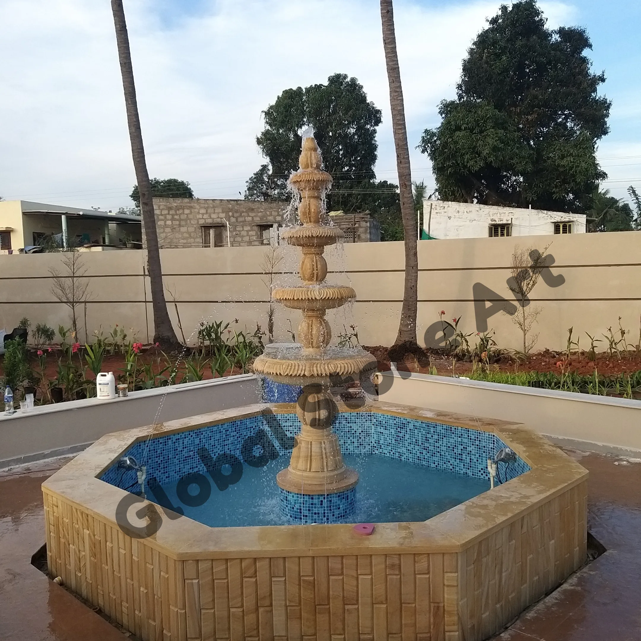 3-Tier Carved Sandstone Fountain in Octagonal Mosaic Pool