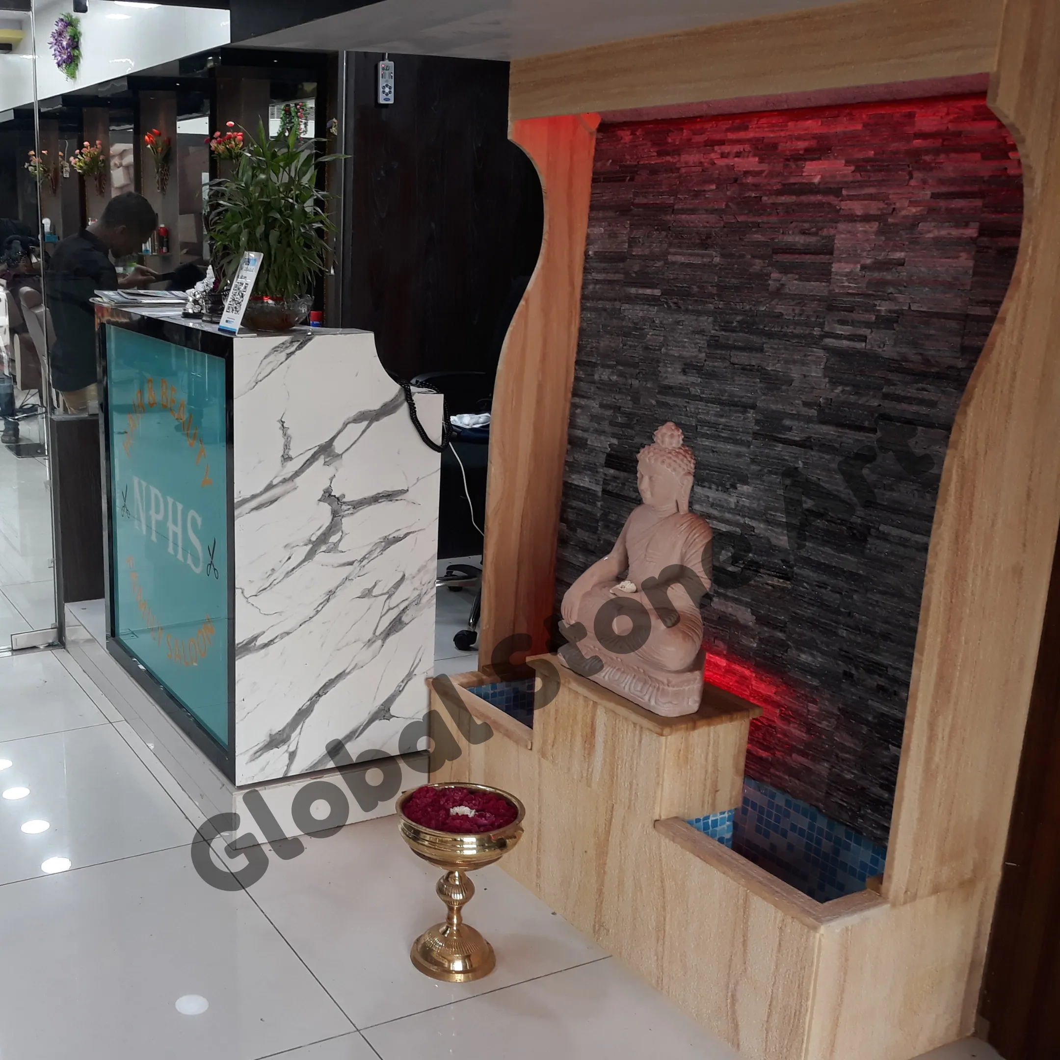 Indoor Stacked-Stone Water Wall with Buddha Statue