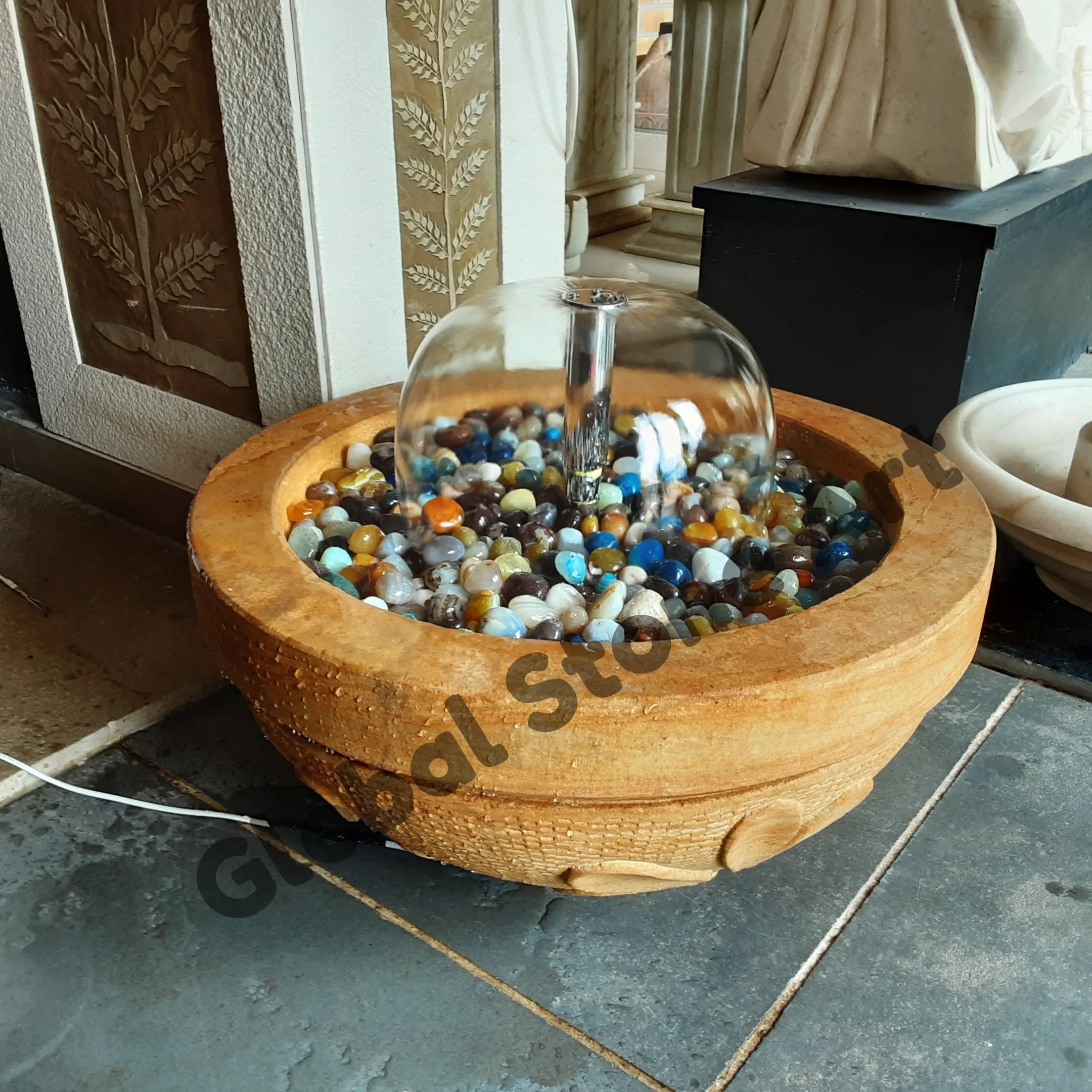 Sandstone Bowl Table Fountain with Glass Pebbles