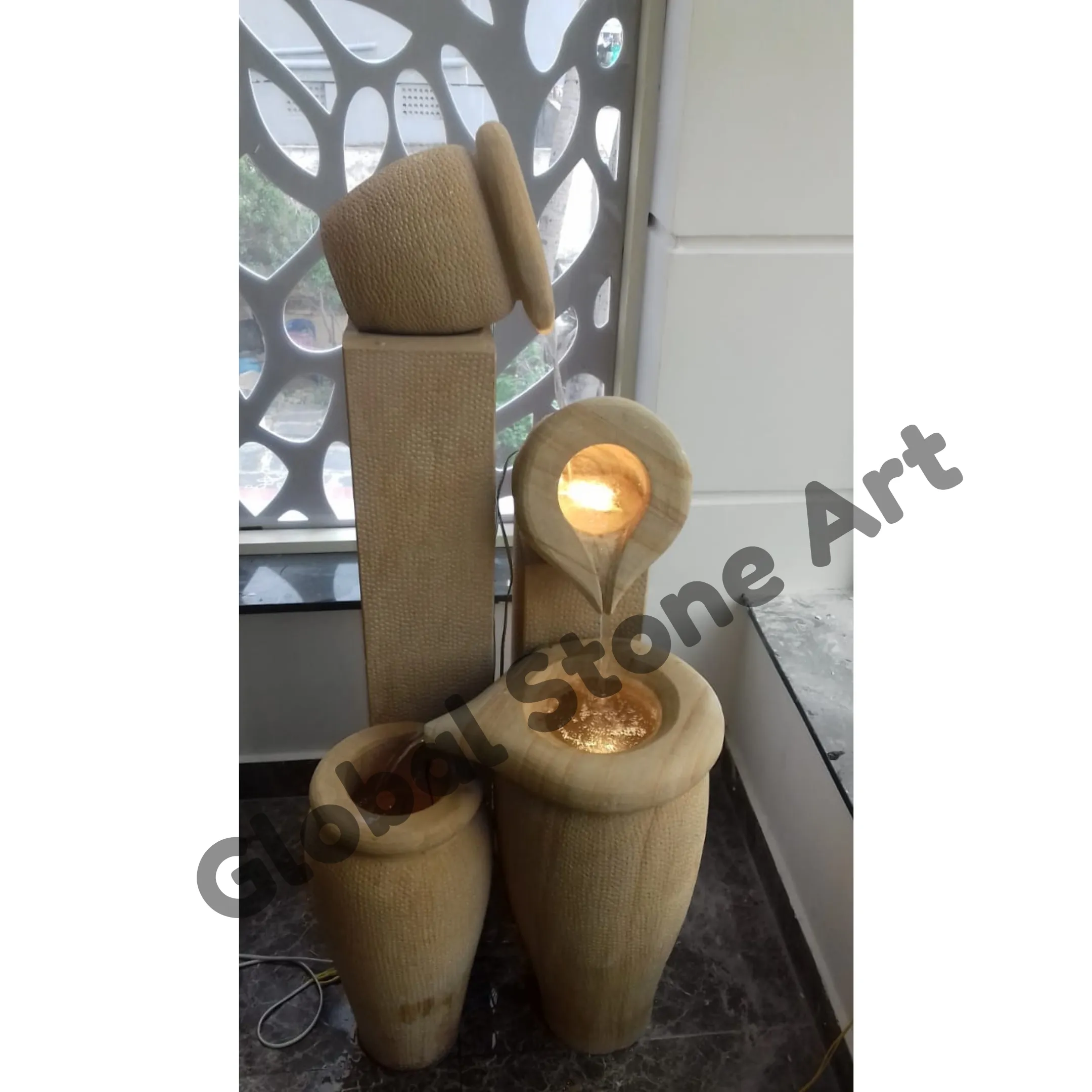Modern Sandstone Pot Cascade Fountain with Light