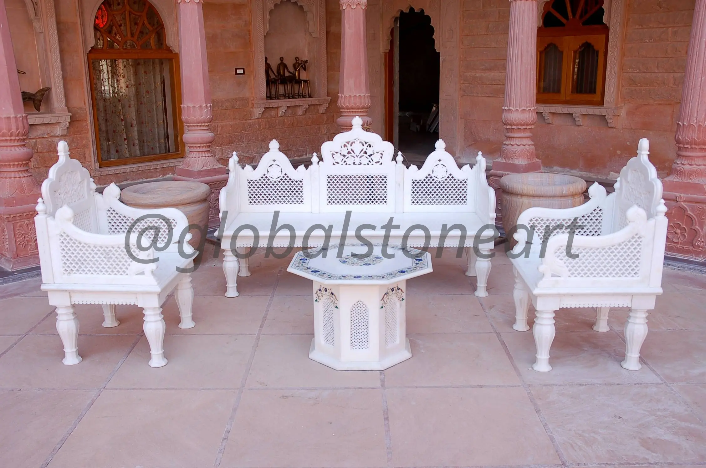 Carved White Marble Garden Sofa Set with Centre Table