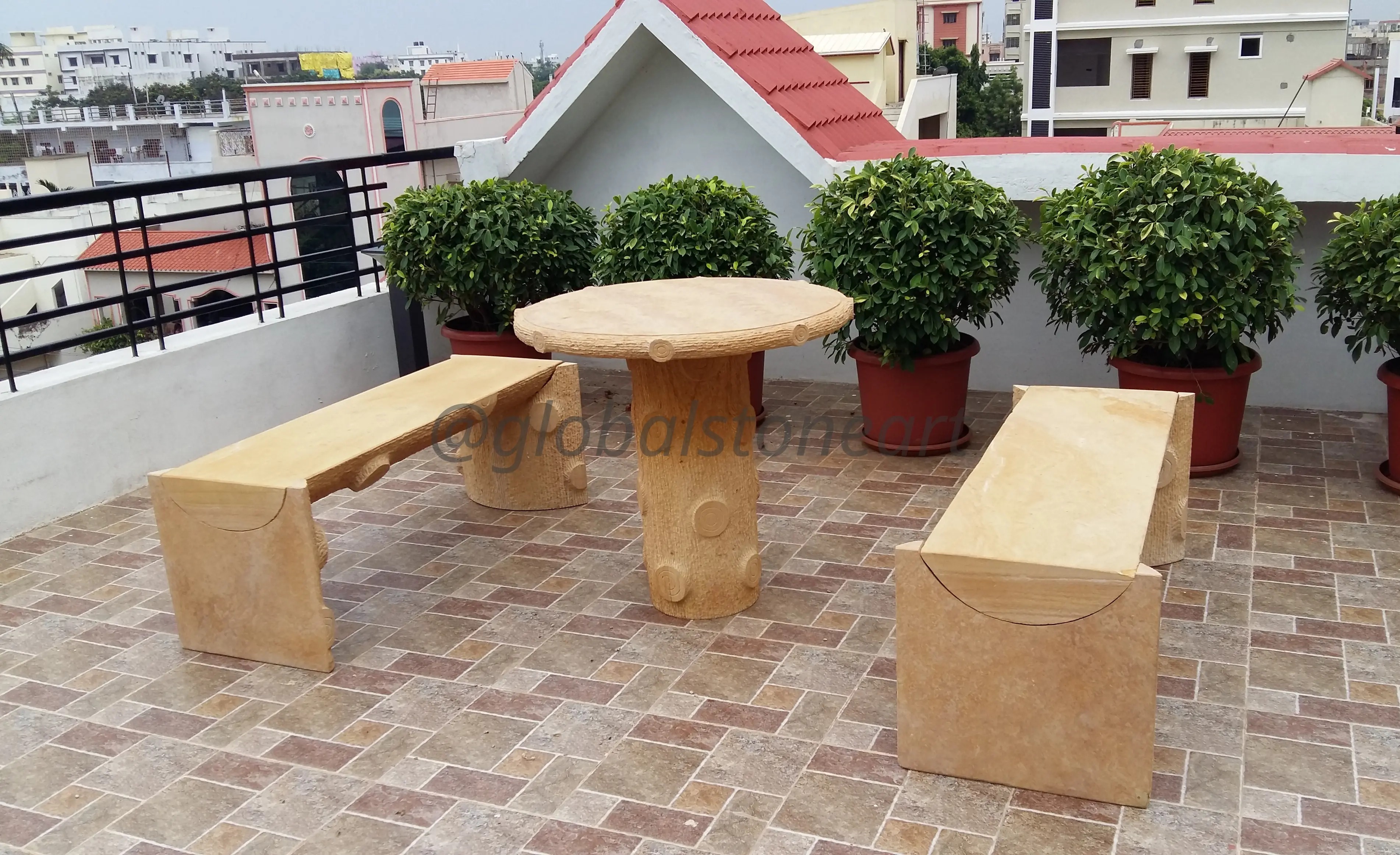 Sandstone Round Table with Curved Bench Set for Terrace