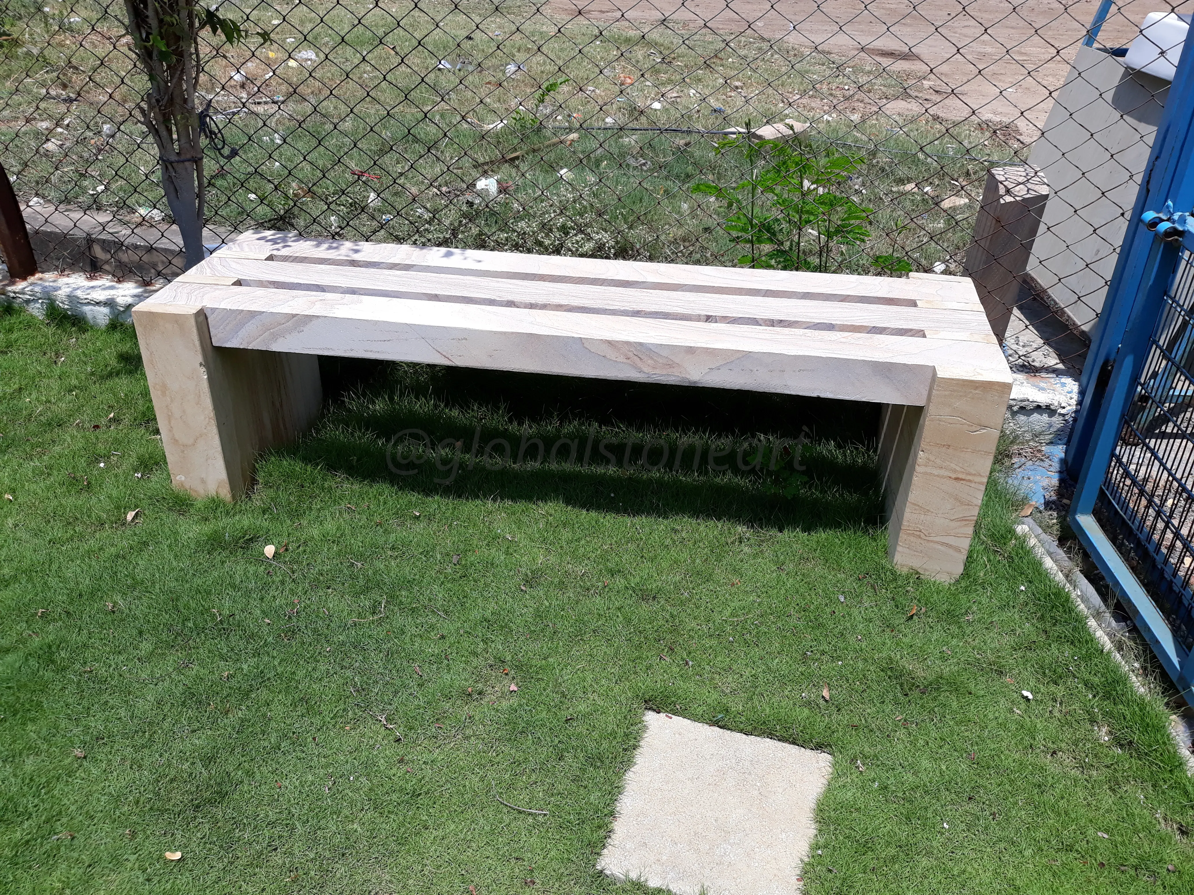 Slatted Sandstone Garden Bench with Solid End Legs