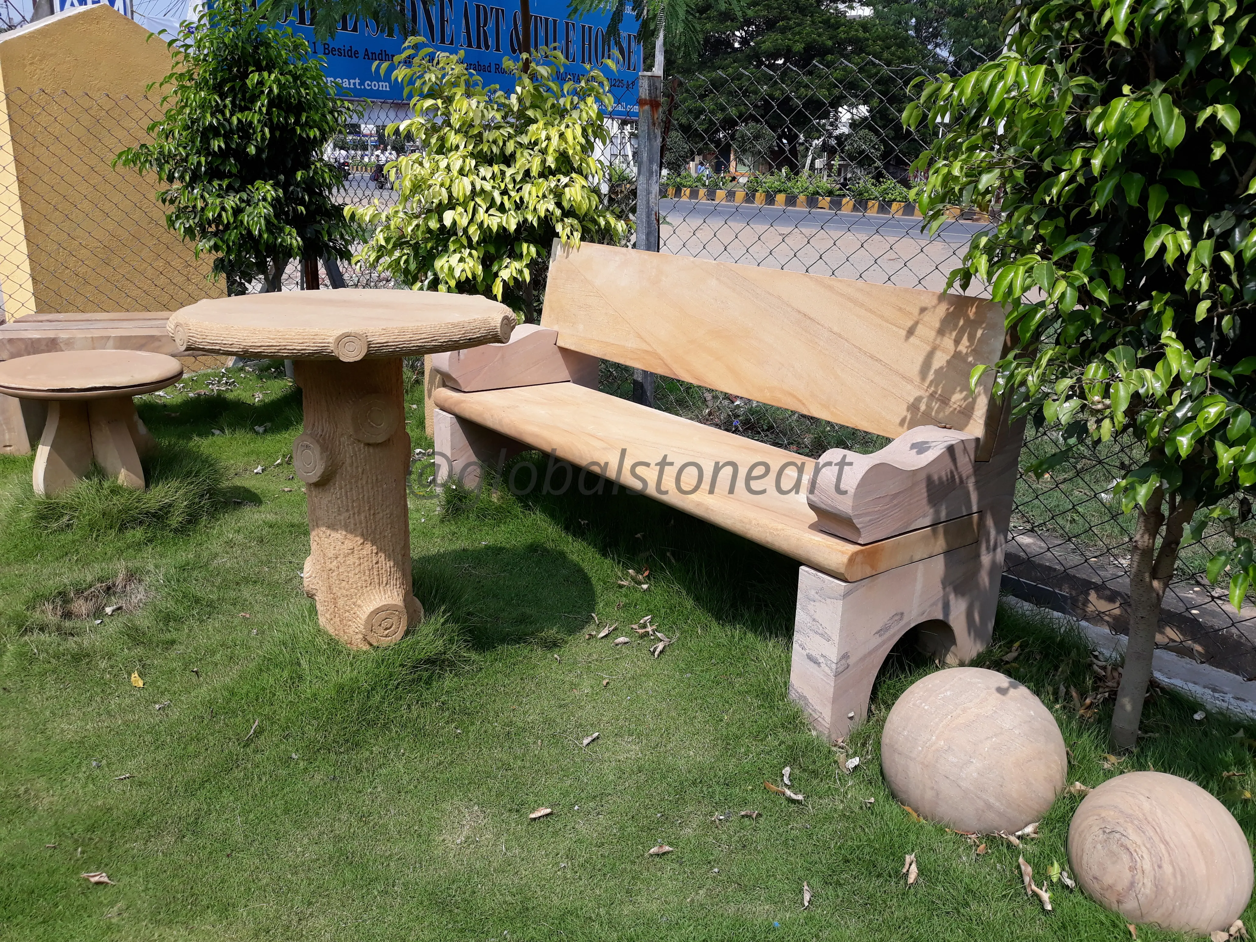 Rainbow Sandstone Bench with Backrest and Round Table