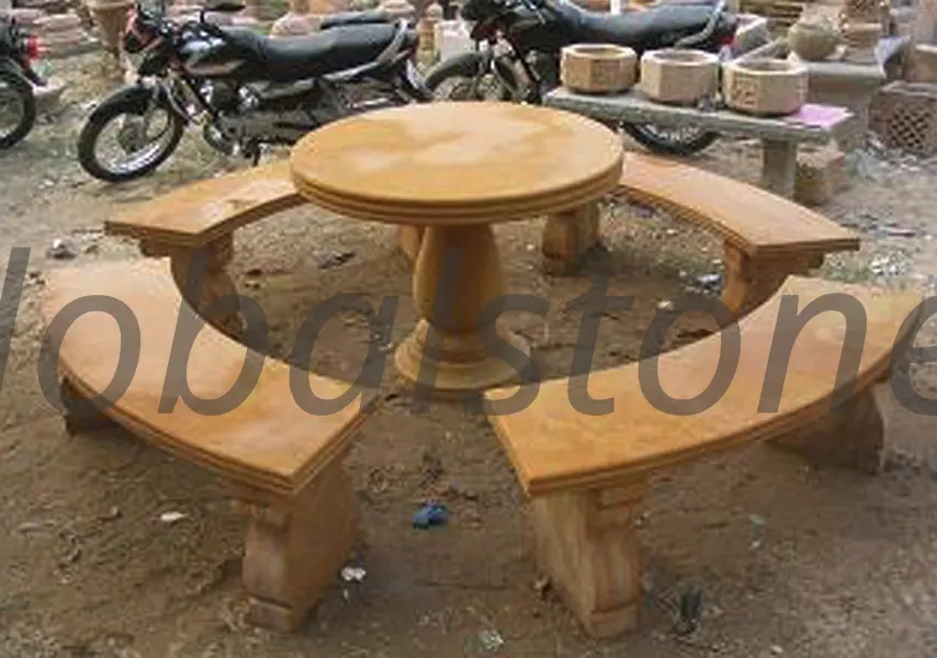Sandstone Round Table with Curved Benches Garden Set