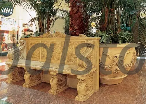 Ornately Carved Marble Garden Bench with Planter
