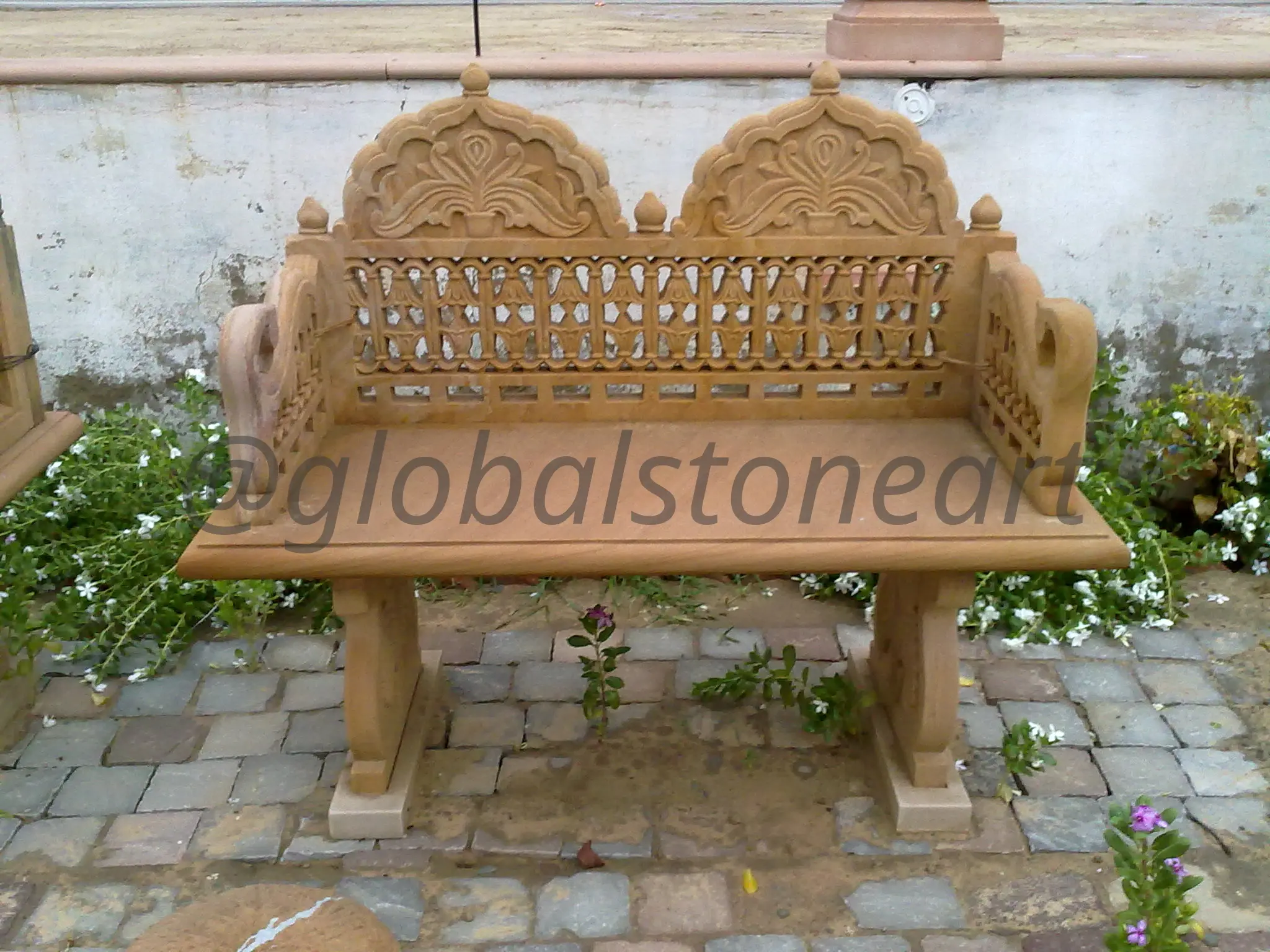 Carved Sandstone Bench with Jali Floral Backrest