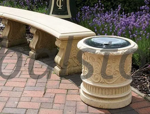 Cream Sandstone Curved Bench with Carved Planter Stool