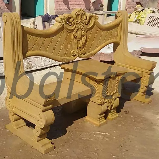 Carved Yellow Sandstone Bench with Backrest and Table