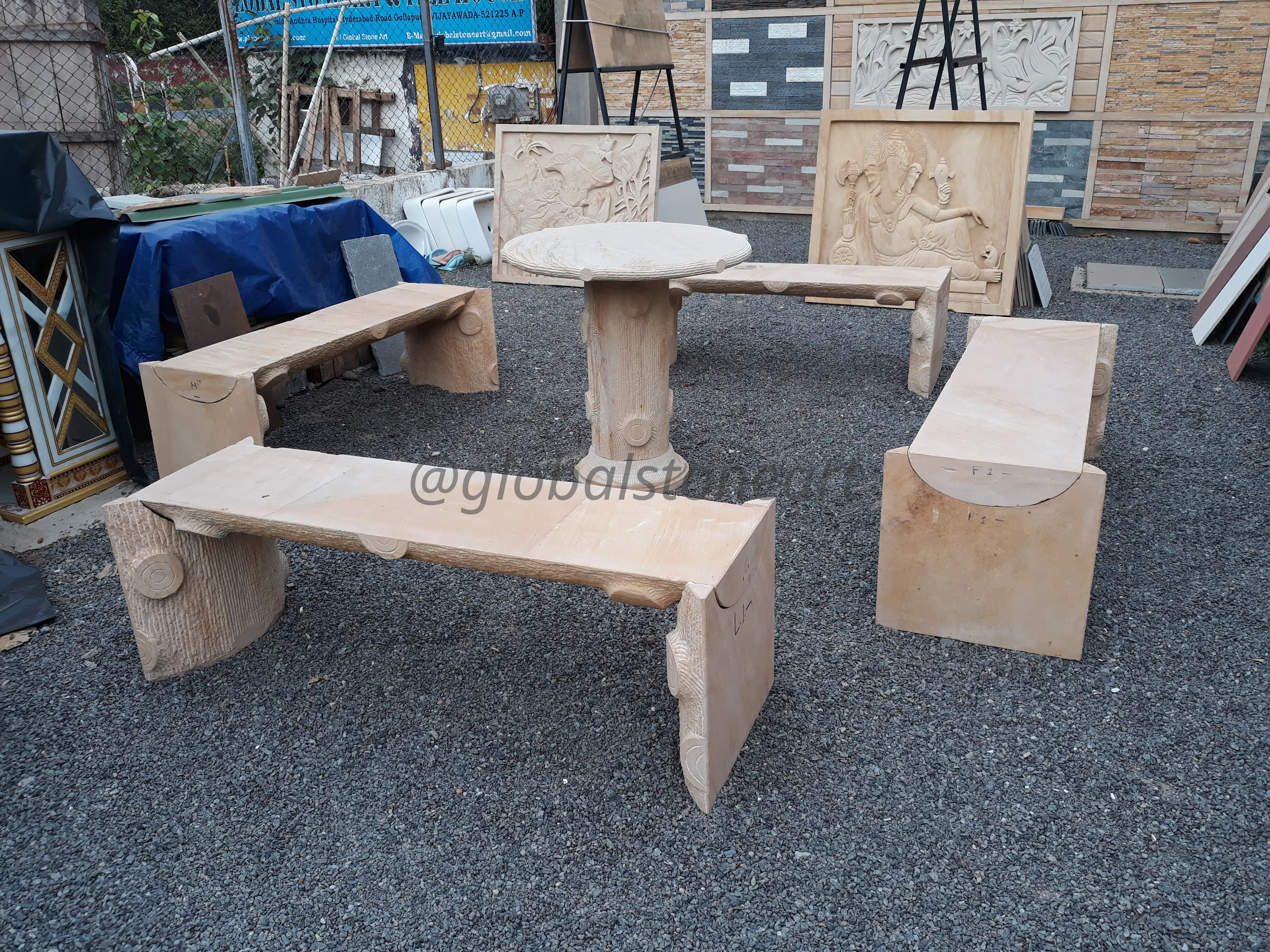 Rainbow Sandstone Table and Bench Set with Carved Top