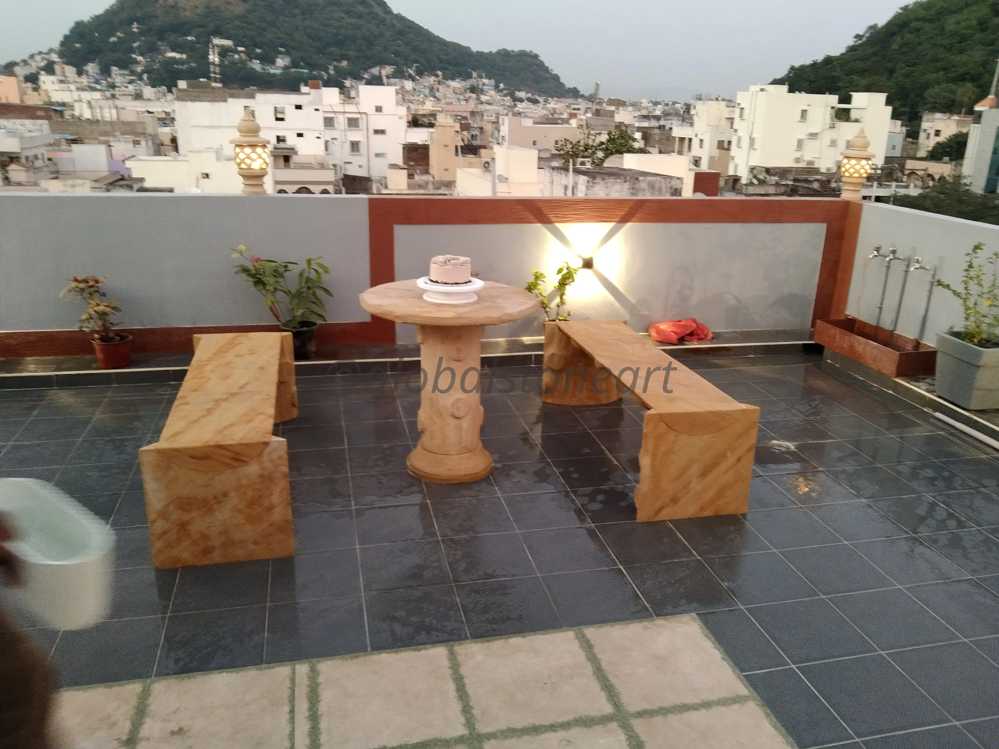 Rainbow Sandstone Benches with Round Table for Terrace