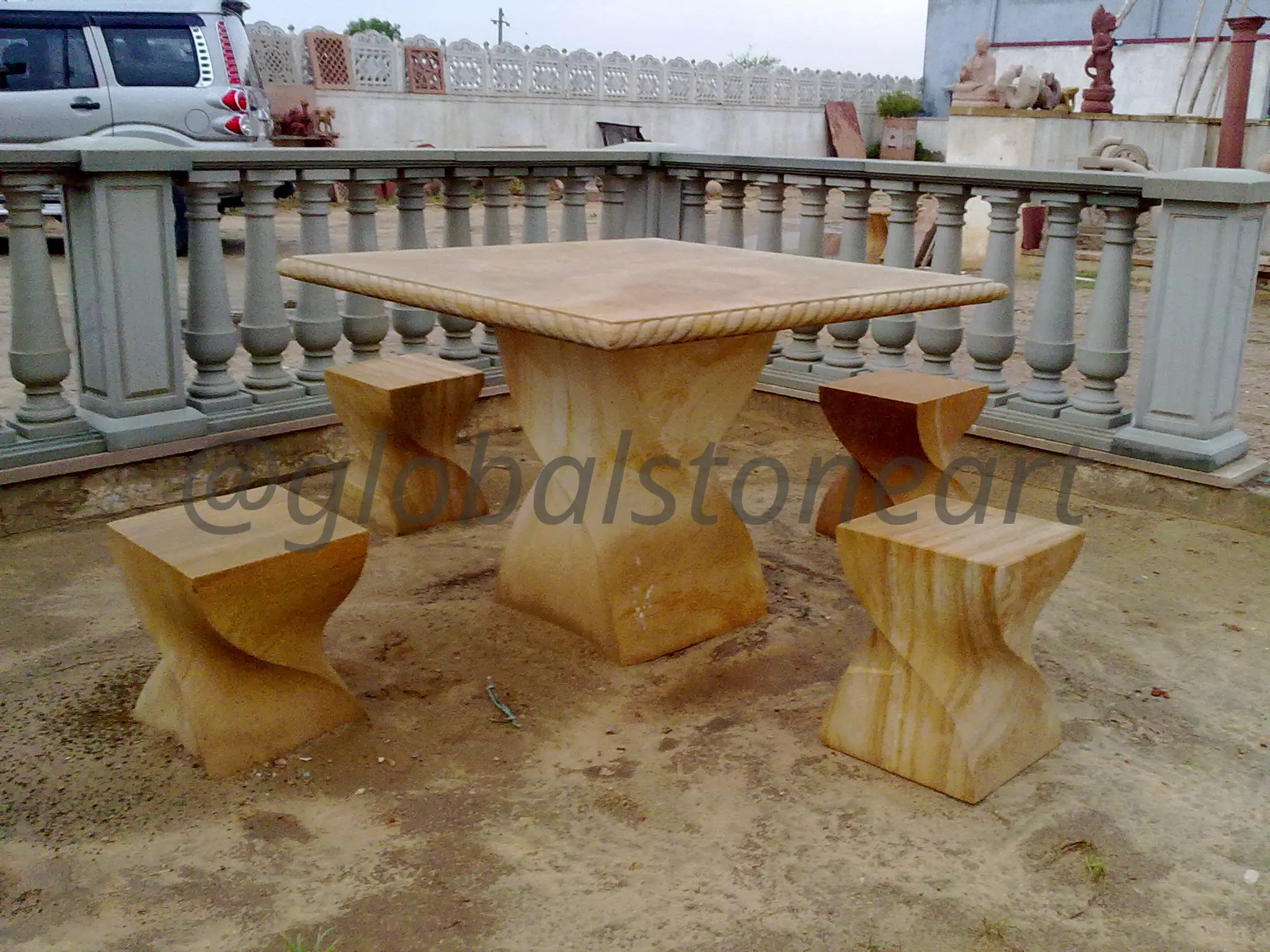 Yellow Sandstone Square Table with Twisted Stools
