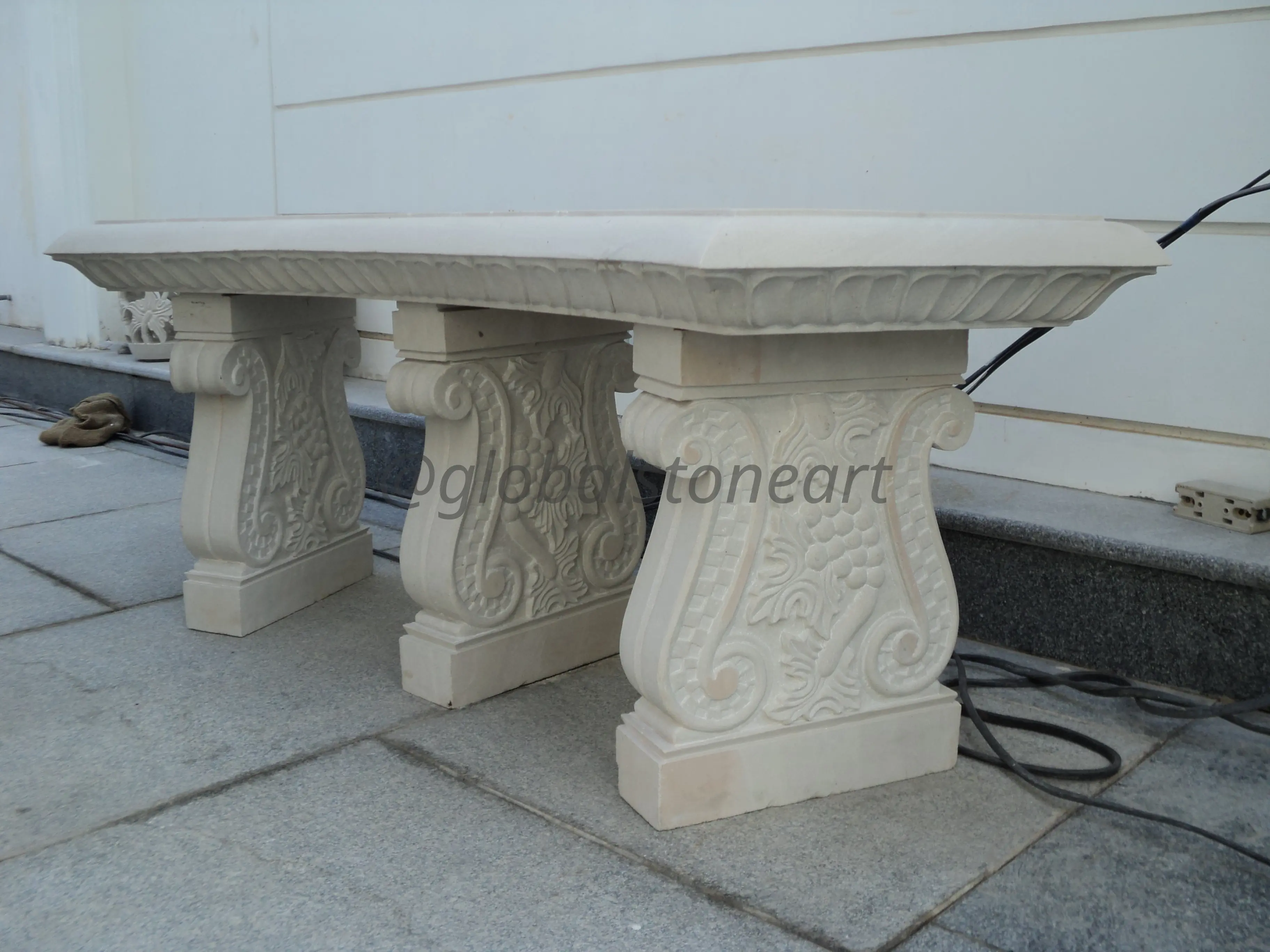 Carved Cream Marble Bench with Scroll Legs