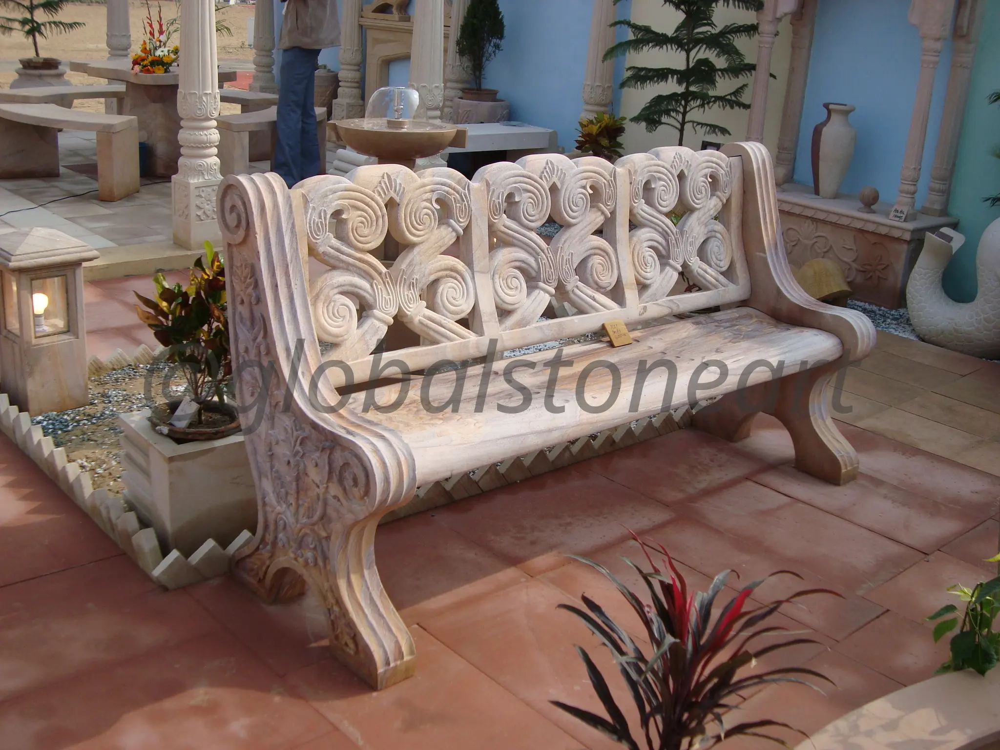 Carved White Marble Bench with Scroll Backrest