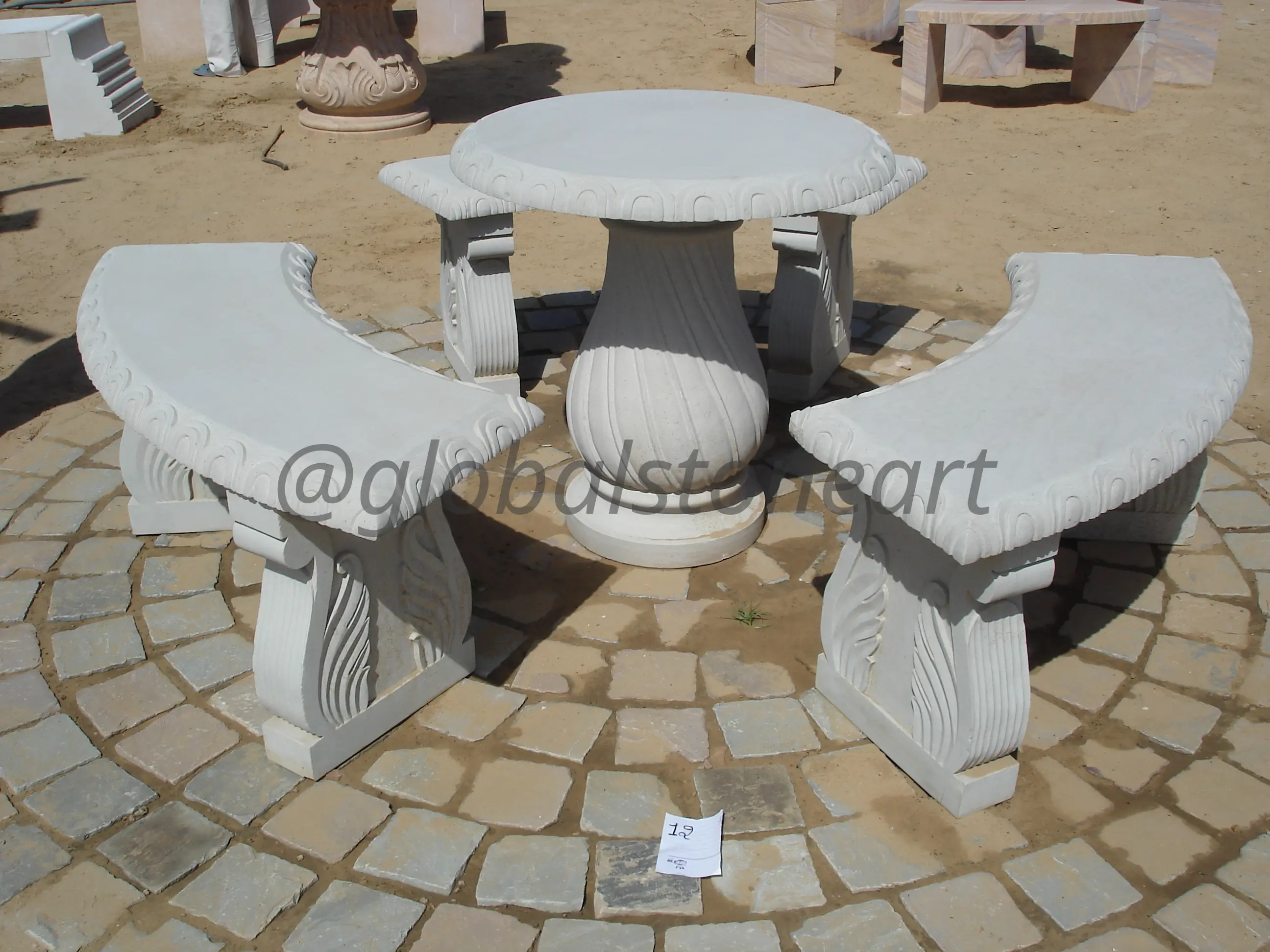 Carved White Sandstone Round Table with Curved Benches