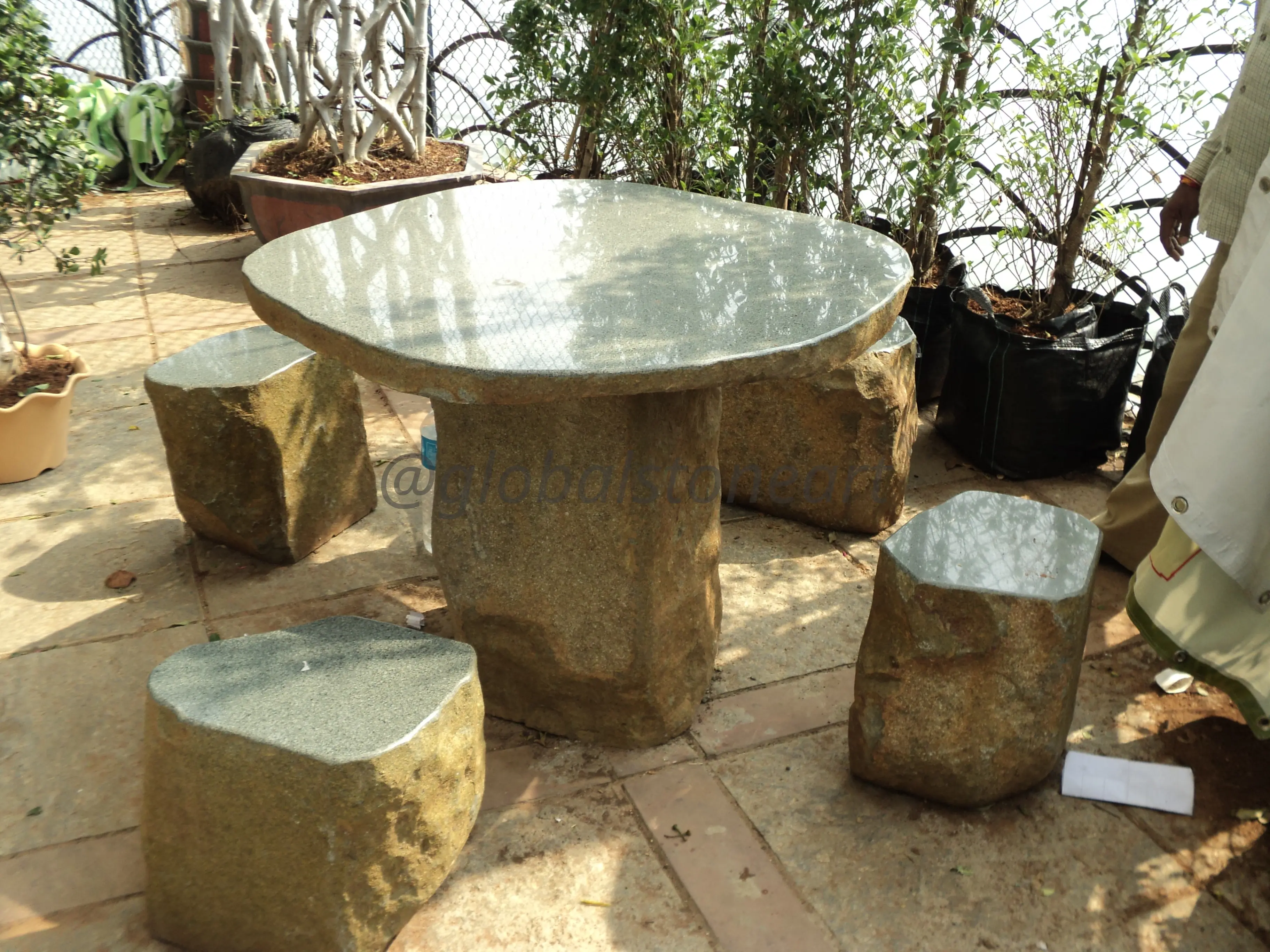 Polished Granite Boulder Table and Stool Set