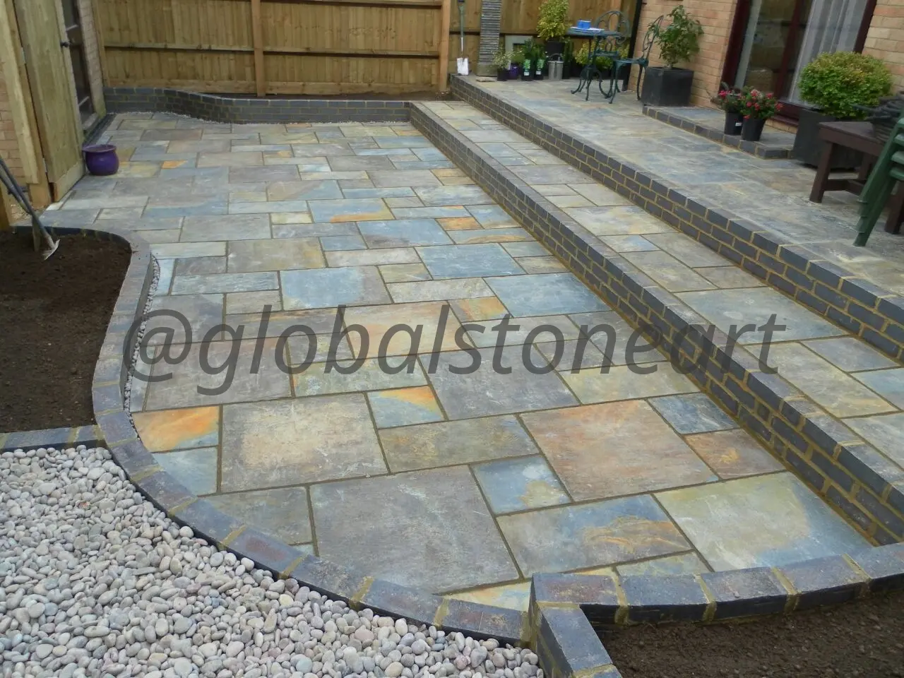 Rustic Sandstone Paving with Brick Step Border for Garden