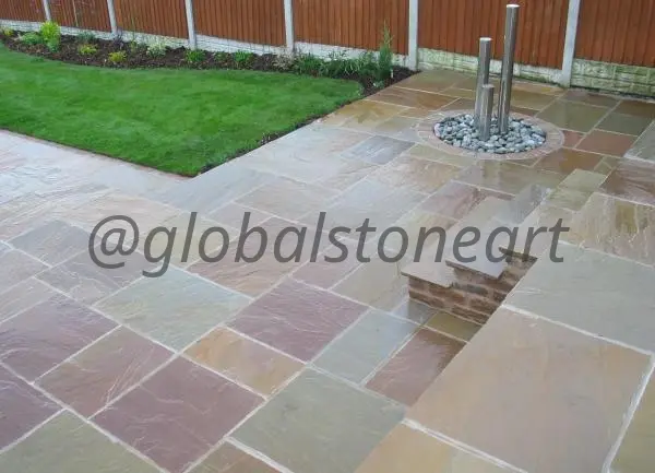 Pink and Grey Sandstone Paving for Garden with Water Feature