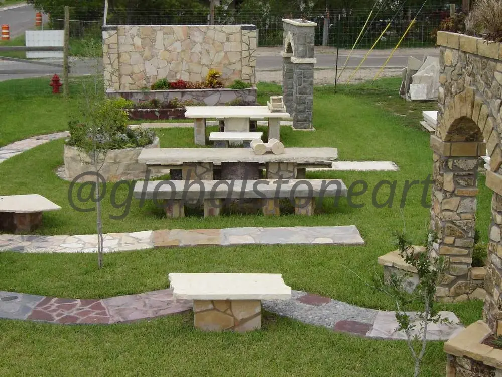 Natural Stone Garden Paving with Benches and Pergola