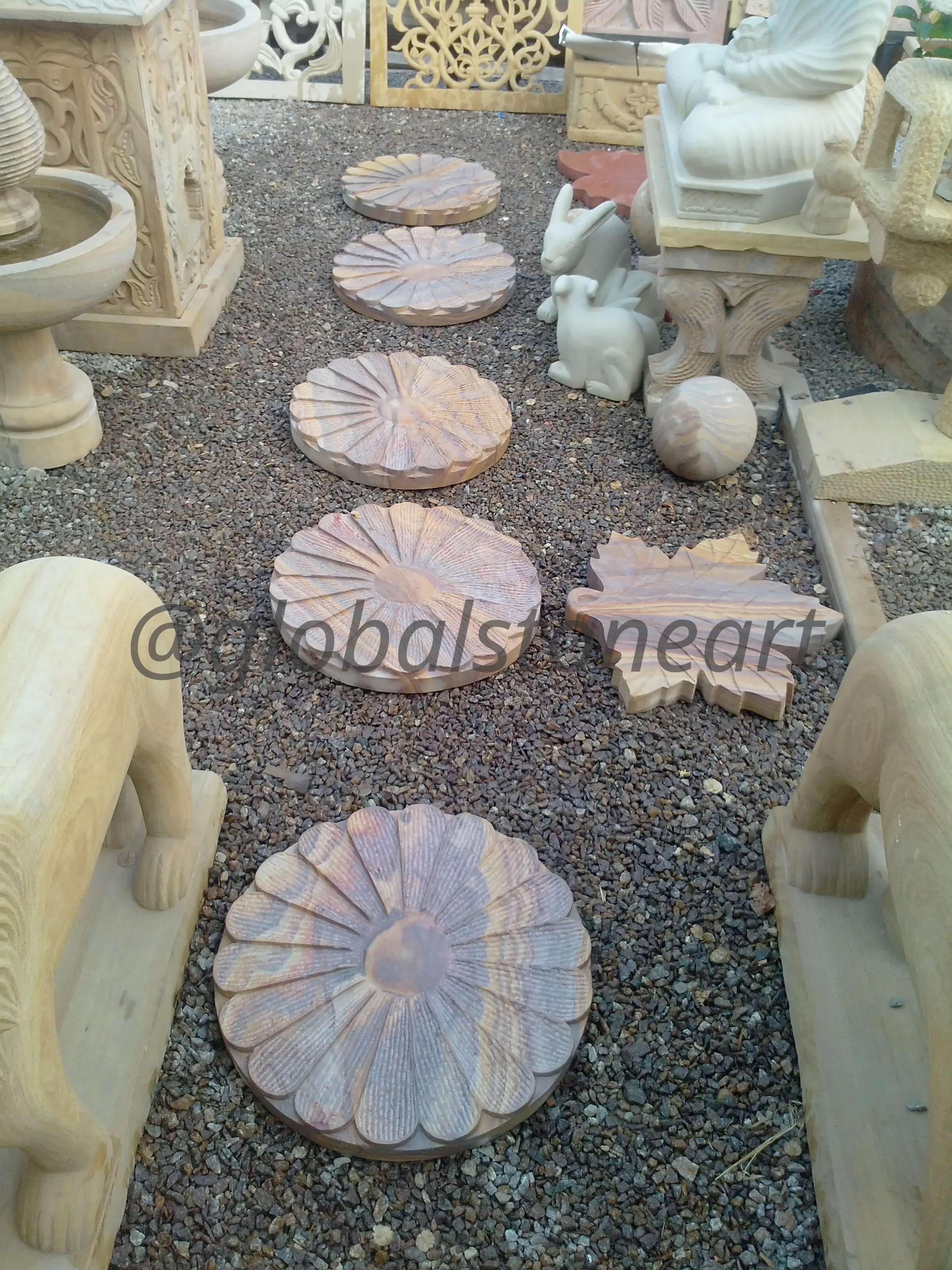 Carved Lotus Flower Sandstone Stepping Stone Set for Garden