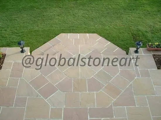 Pink Sandstone Octagonal Patio with Crazy Paving Border
