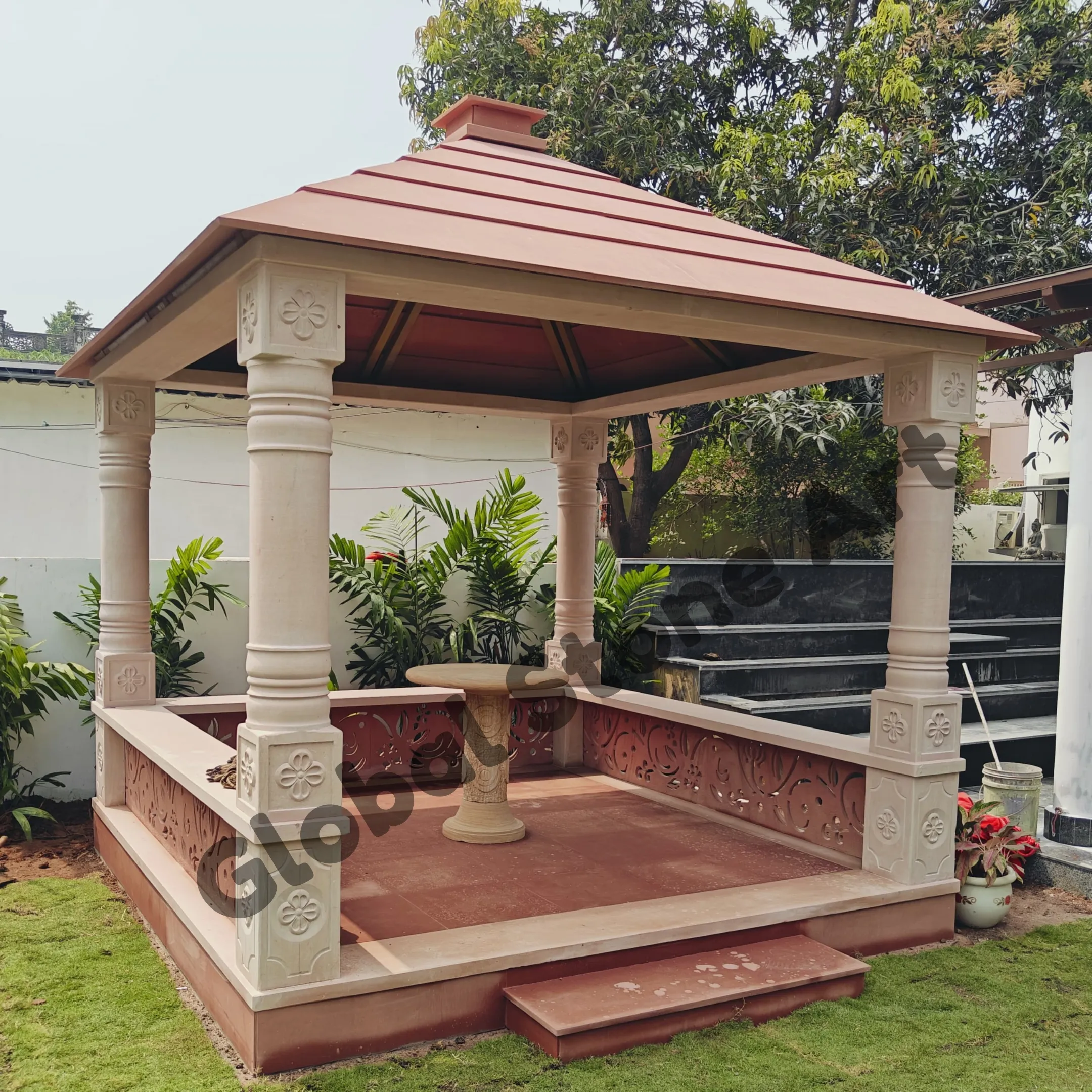 4 Pillar Sandstone Garden Gazebo with Carved Railing & Stone Table