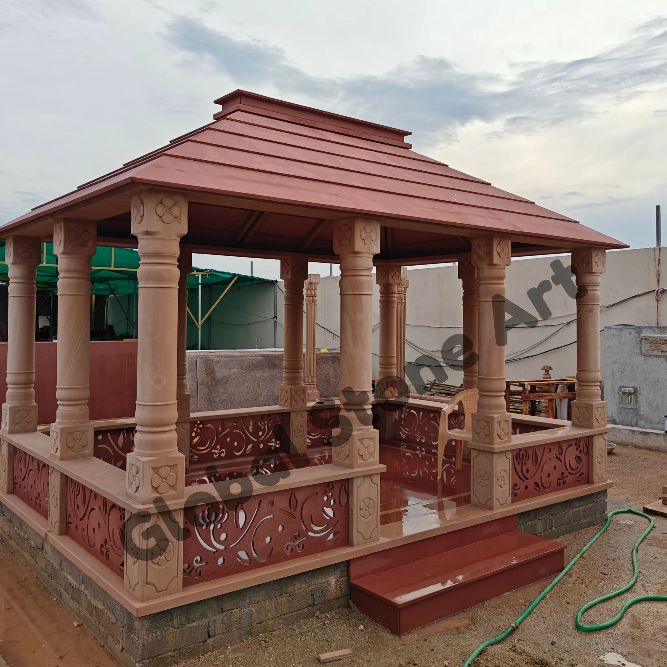 6 Pillar Red Sandstone Gazebo with Carved Jali Railing