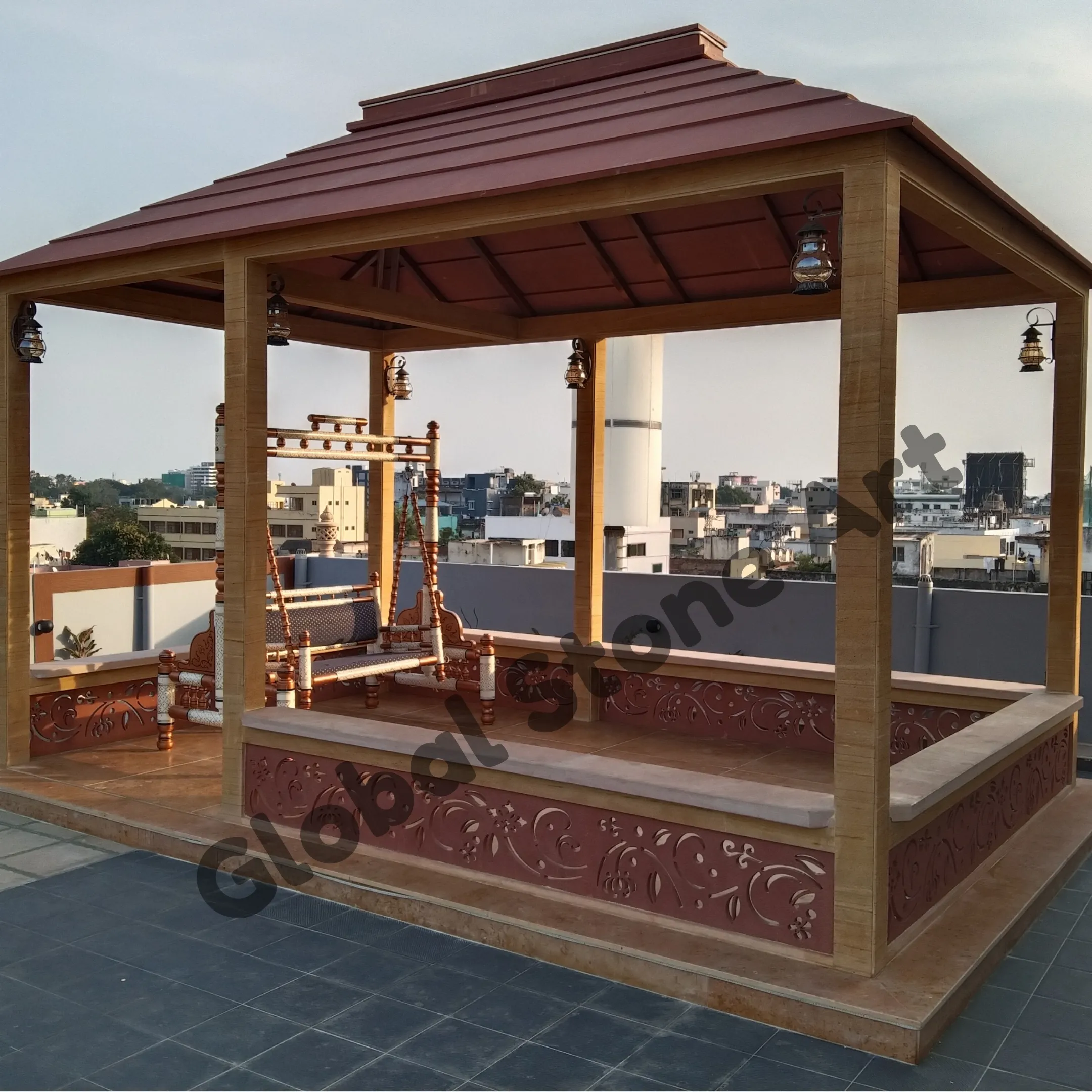 Stone Gazebo with Carved Stone Swing (Jhula) for Terrace