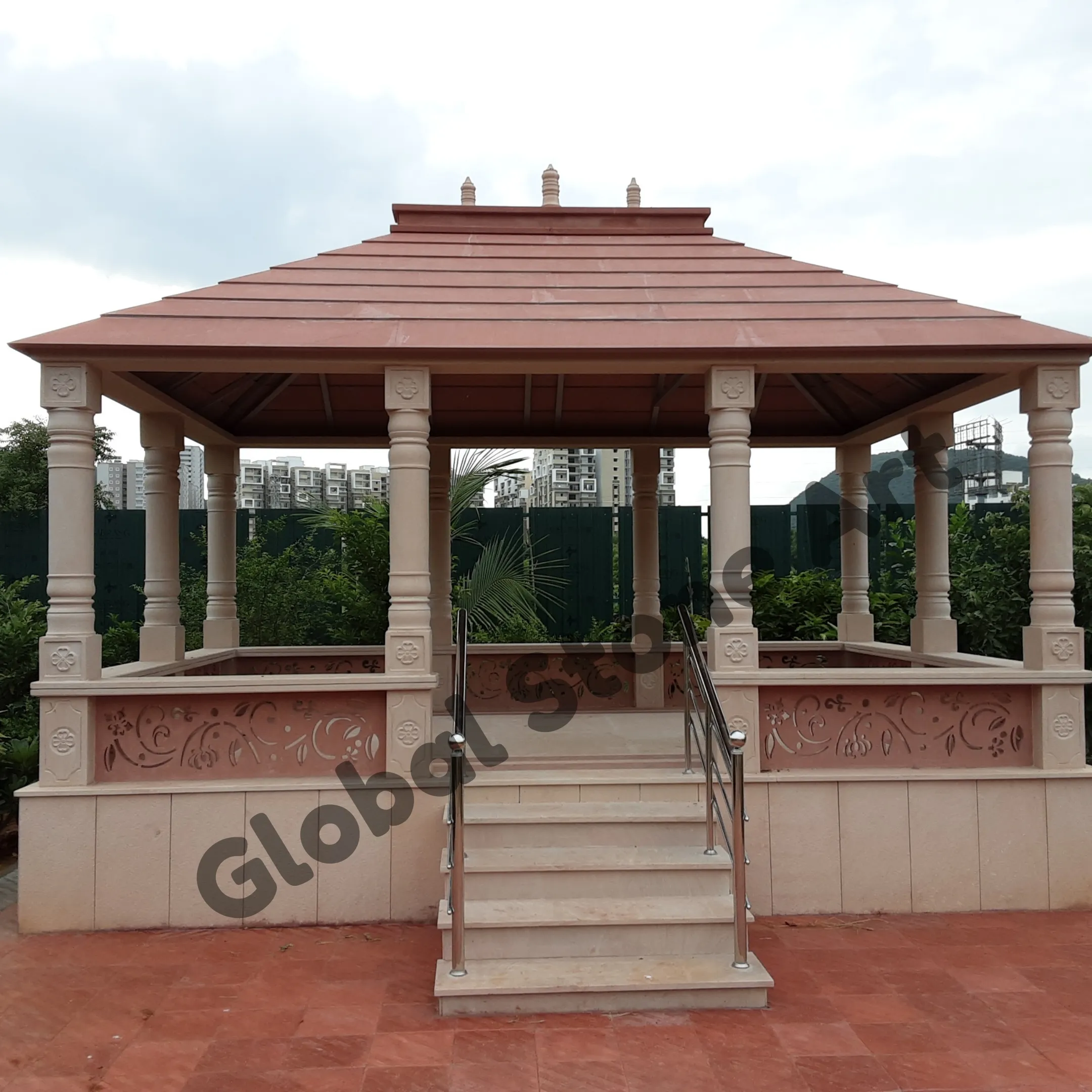 6 Pillar Sandstone Gazebo with Carved Railing & Steps