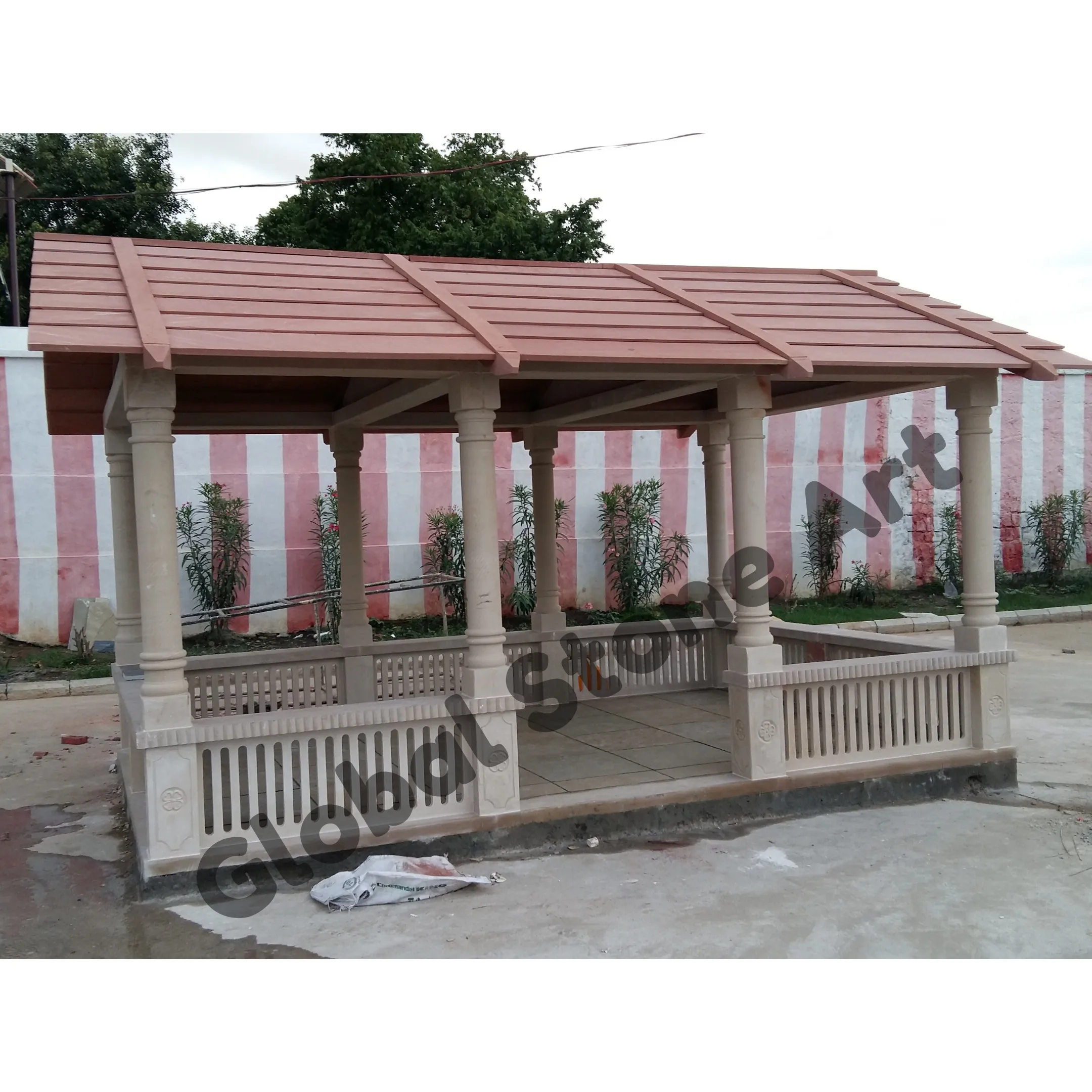 Rectangular 6 Pillar Stone Pavilion Gazebo with Baluster Railing