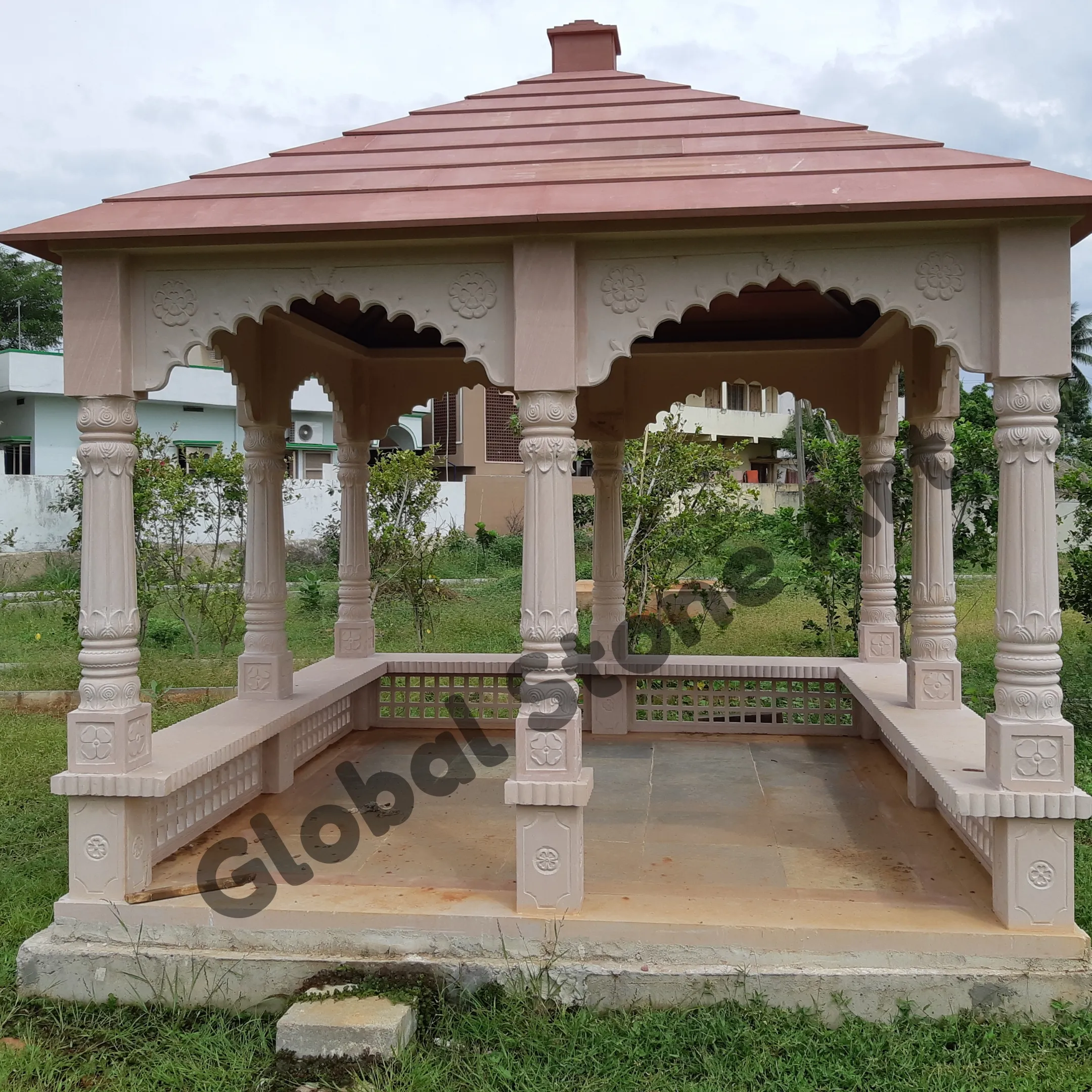 6 Pillar Carved Stone Gazebo with Scalloped Arches