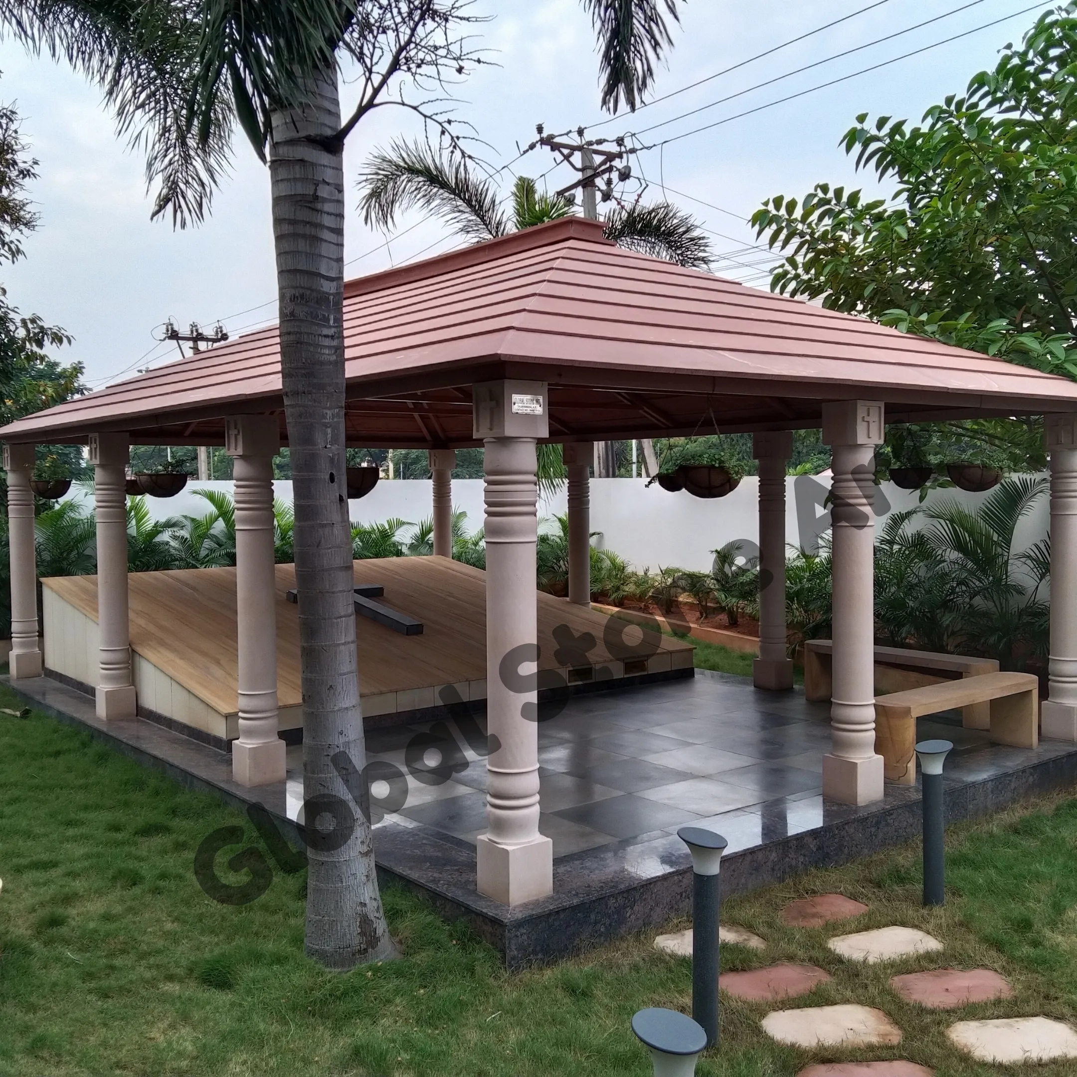 Large 8 Pillar Stone Gazebo with Wide Hip Roof