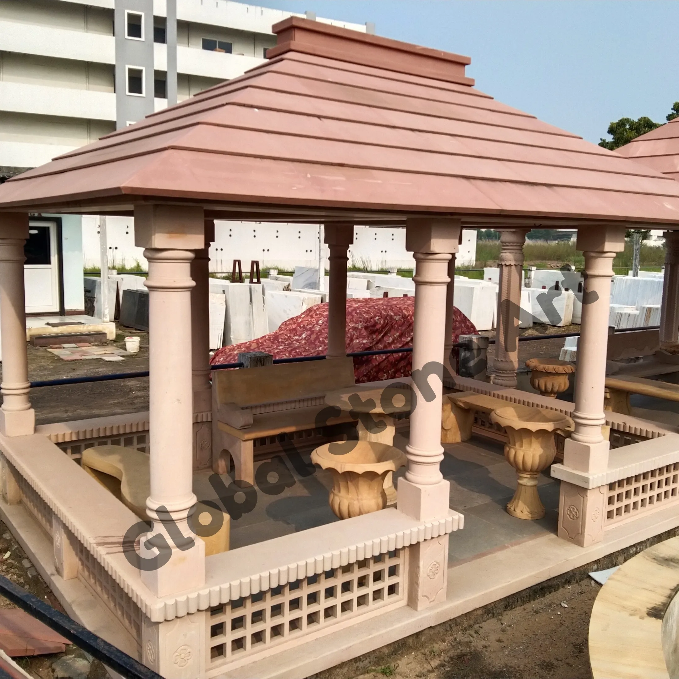 Ornate Stone Gazebo with Carved Benches & Jali Base